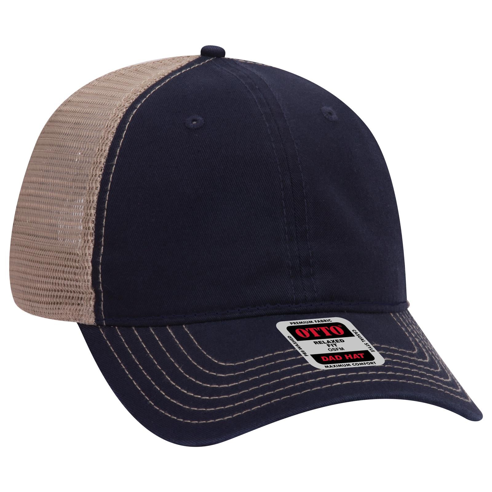 Front View of 040432 - Nvy/Nvy/Kha OTTO CAP 6 Panel Low Profile Mesh Back Trucker Dad Hat