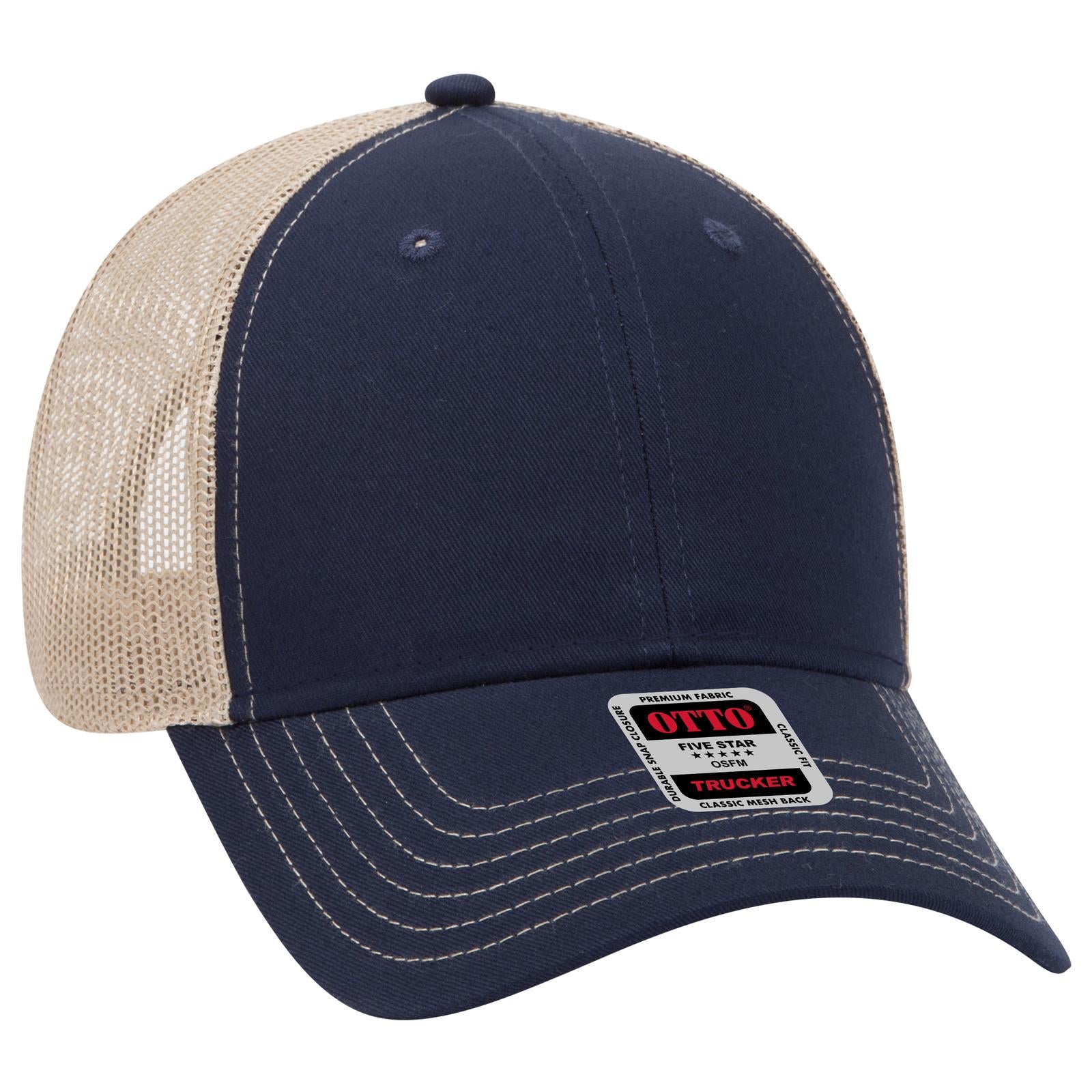 Front View of 040432 - Nvy/Nvy/Kha OTTO CAP 6 Panel Low Profile Mesh Back Trucker Hat