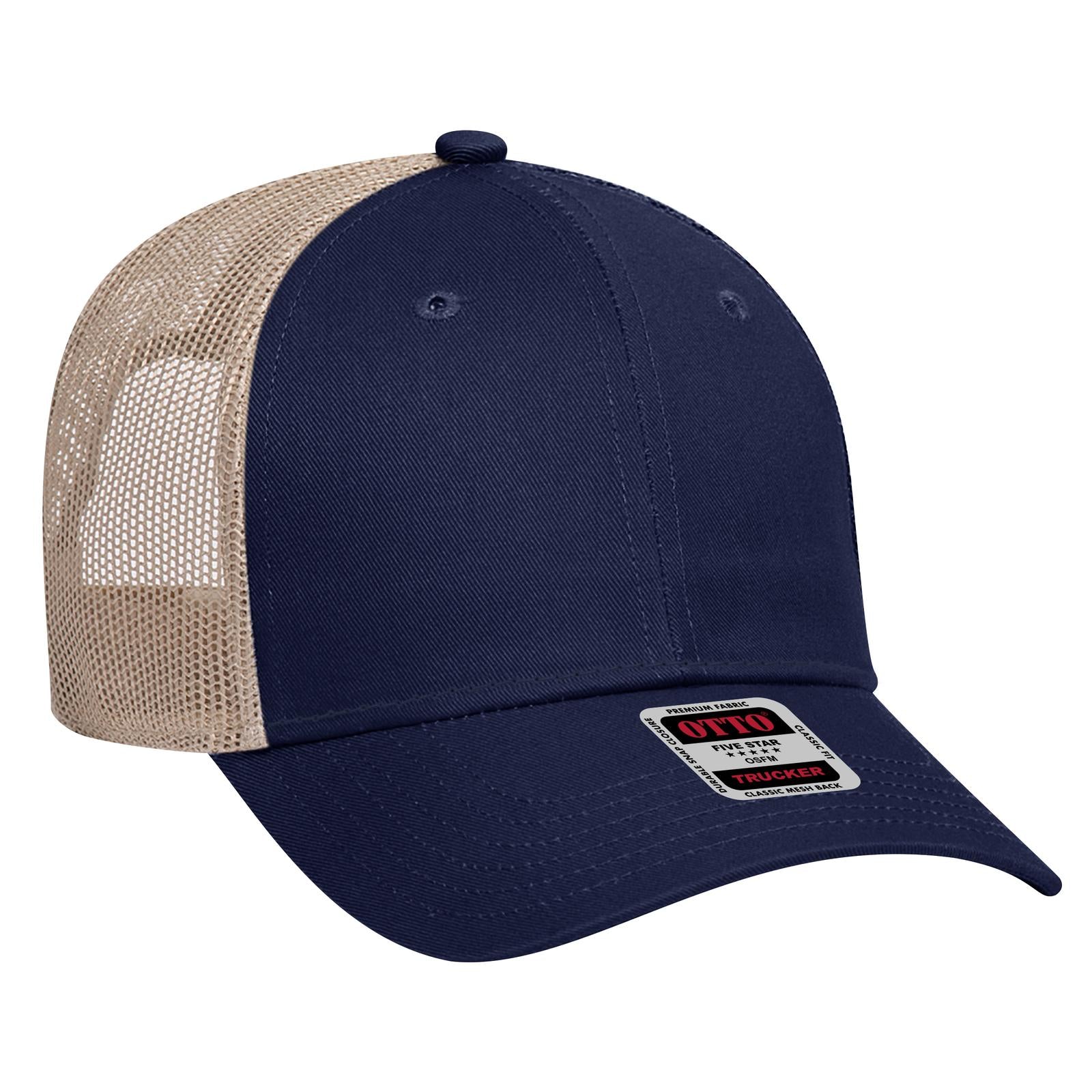 Front View of 040432 - Nvy/Nvy/Kha OTTO CAP 6 Panel Low Profile Mesh Back Trucker Hat