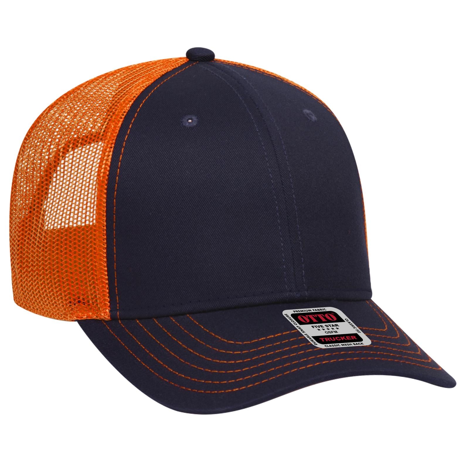 Front View of 040462 - Nvy/Nvy/Org OTTO CAP 6 Panel Low Profile Mesh Back Trucker Hat