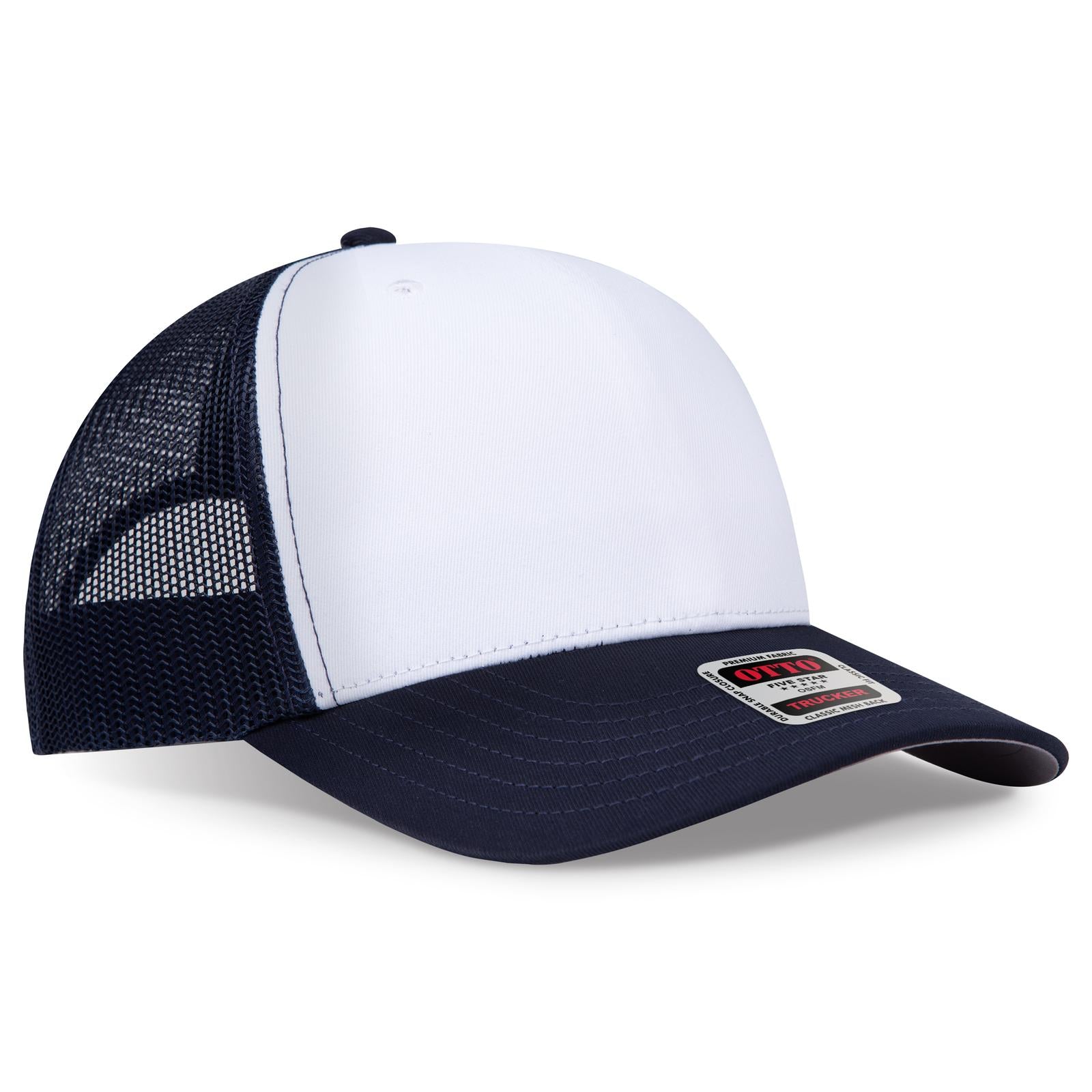 Right View of 041604 - Nvy/Wht/Nvy OTTO CAP Seamless 6 Panel Mid Profile Mesh Back Trucker Hat