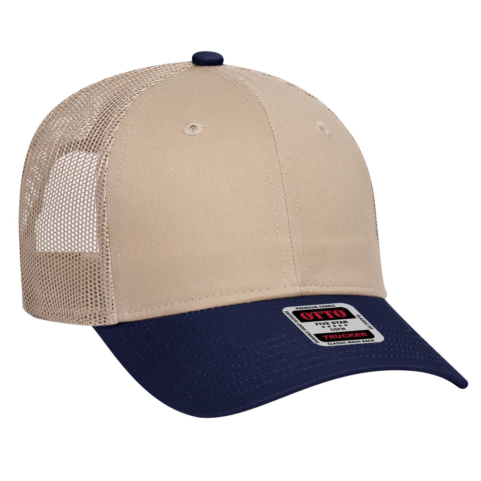 Front View of 0432 - Nvy/Kha OTTO CAP 6 Panel Low Profile Mesh Back Trucker Hat