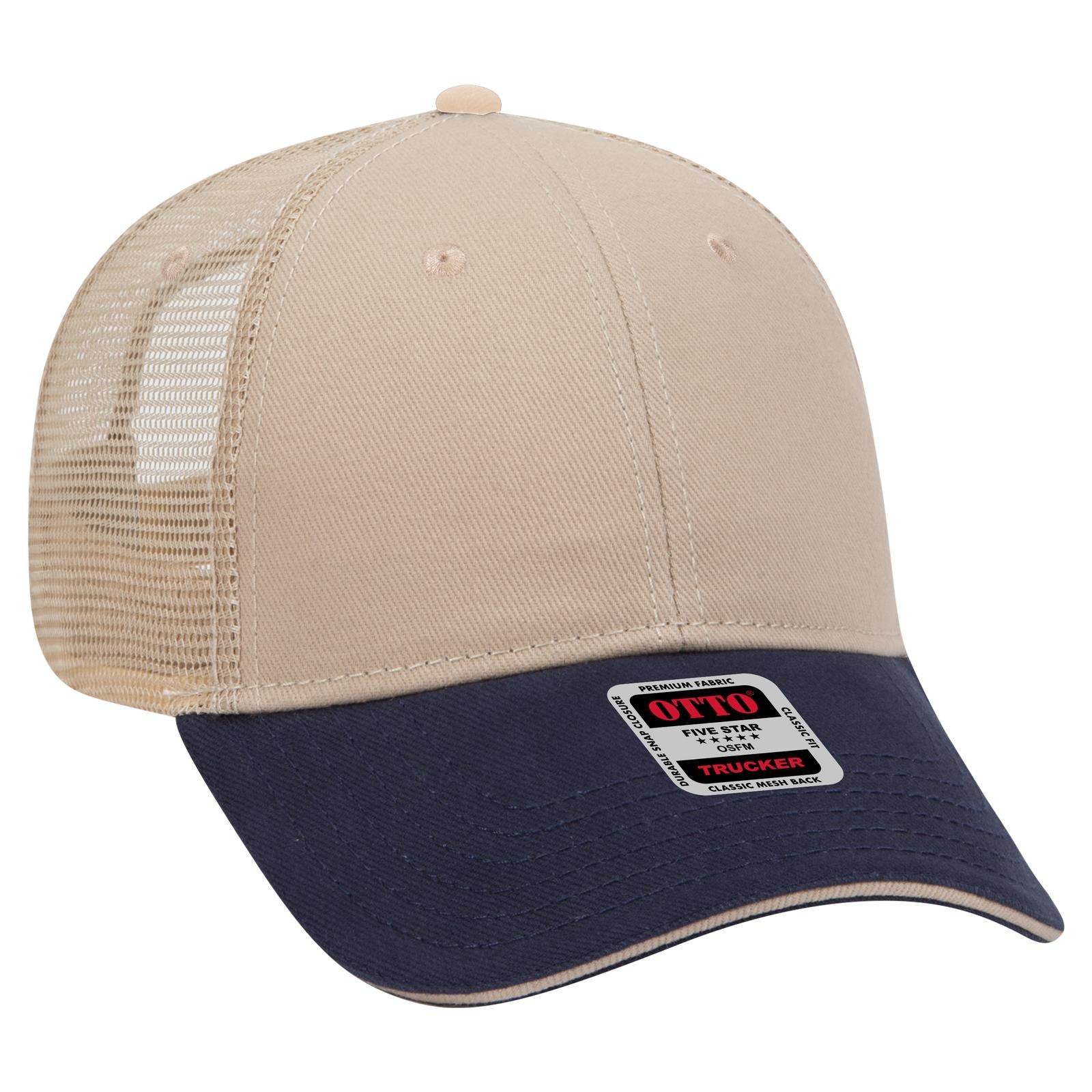 Front View of 043232 - Nvy/Kha/Kha OTTO CAP 6 Panel Low Profile Mesh Back Trucker Hat