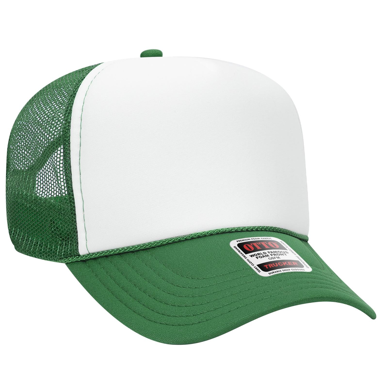 Front View of 051605 - Kly/Wht/Kly OTTO CAP 5 Panel Mid Profile Mesh Back Trucker Hat