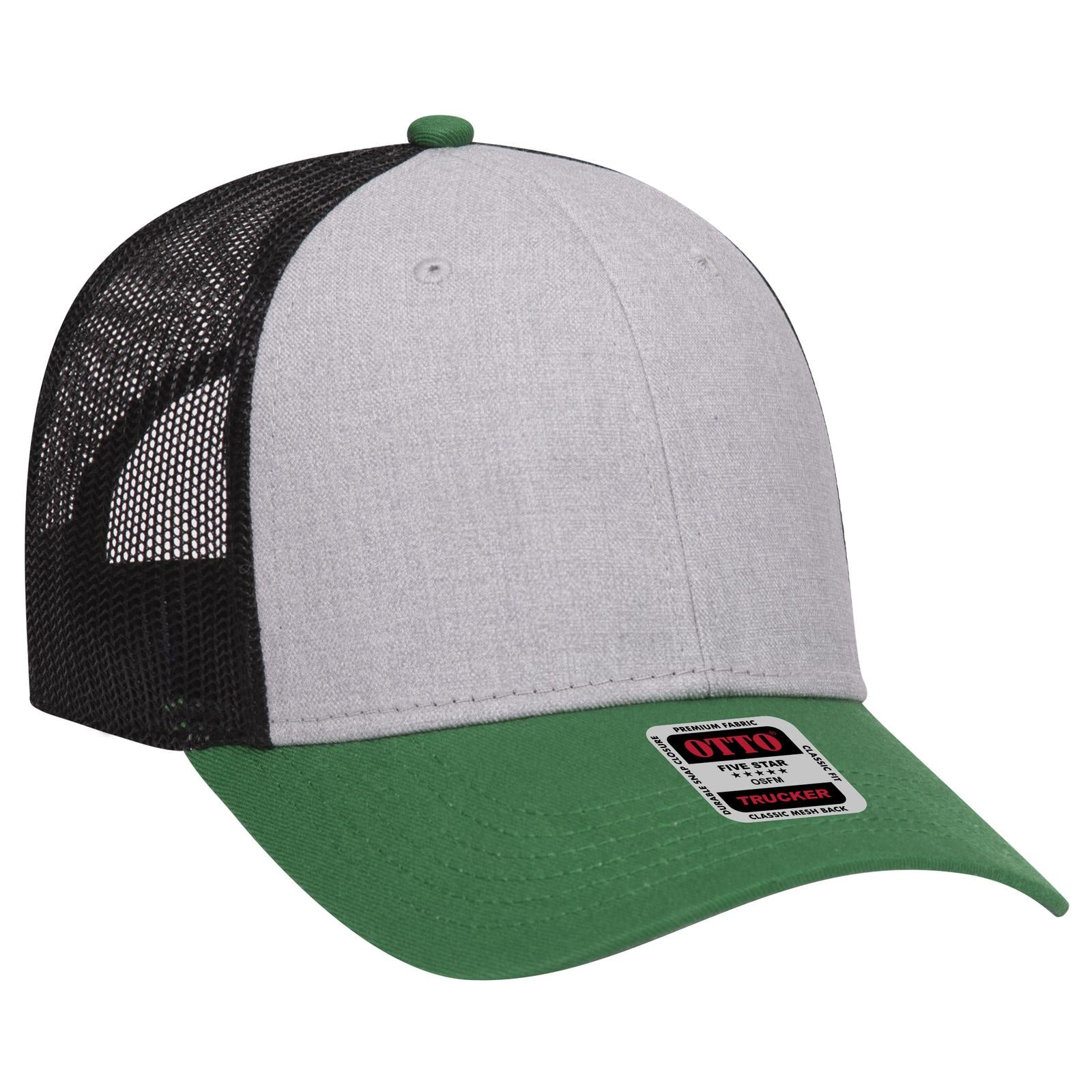 Right View of 057403 - Kelly/HeatherGray/Black OTTO CAP 6 Panel Low Profile Mesh Back Trucker Hat
