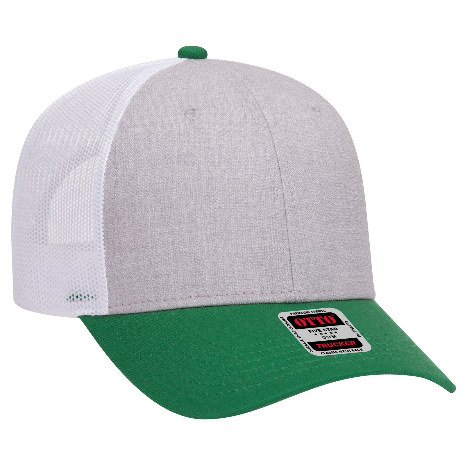 Right View of 057416 - Kelly/HeatherGray/White OTTO CAP 6 Panel Low Profile Mesh Back Trucker Hat