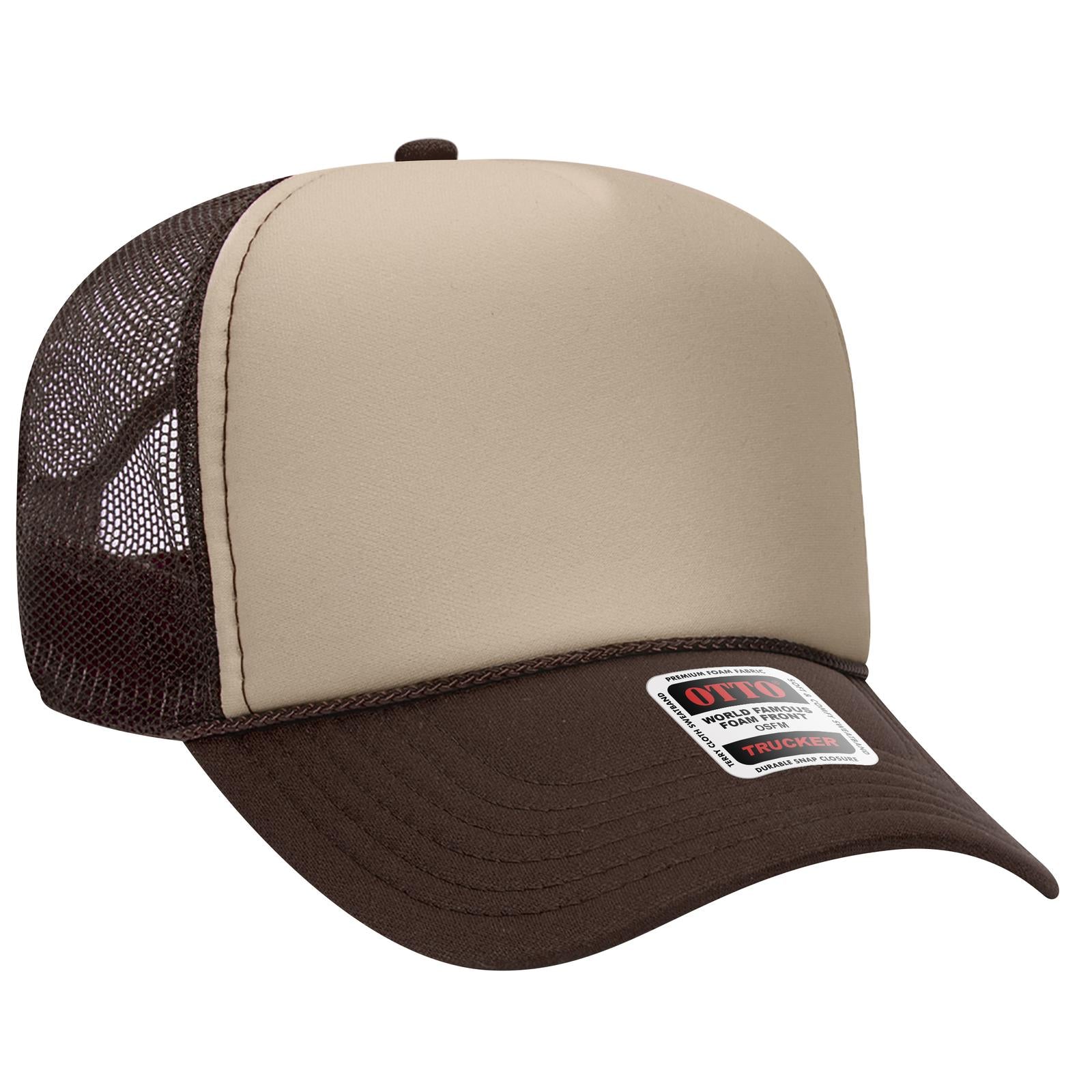 Front View of 071507 - Brn/Tan/Brn OTTO CAP 5 Panel Mid Profile Mesh Back Trucker Hat