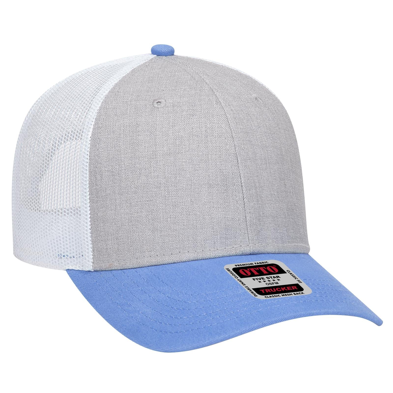 Right View of 087416 - ColombianBlue/HeatherGray/White OTTO CAP 6 Panel Low Profile Mesh Back Trucker Hat