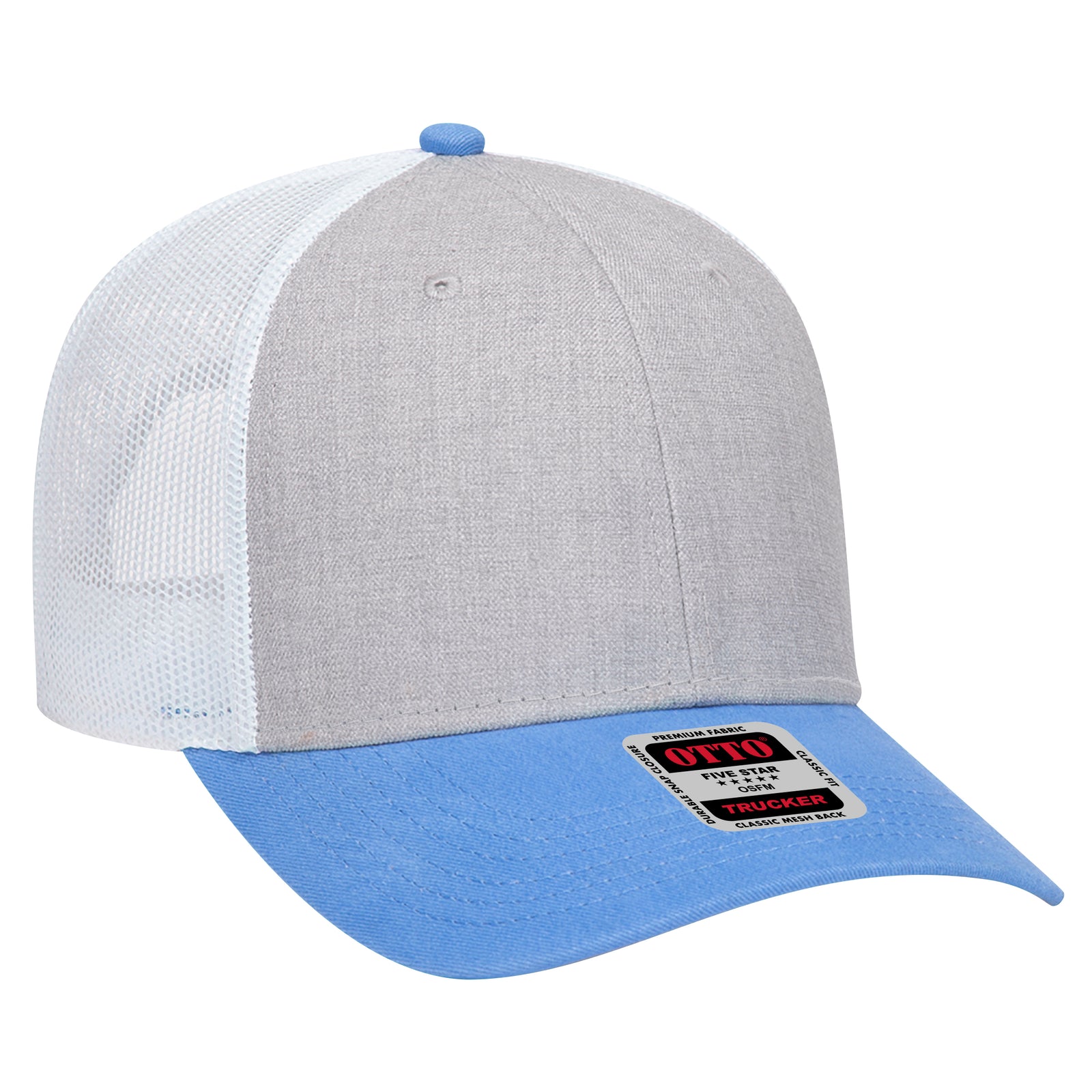 Front View of 087416 - ColombianBlue/HeatherGray/White OTTO CAP 6 Panel Low Profile Mesh Back Trucker Hat