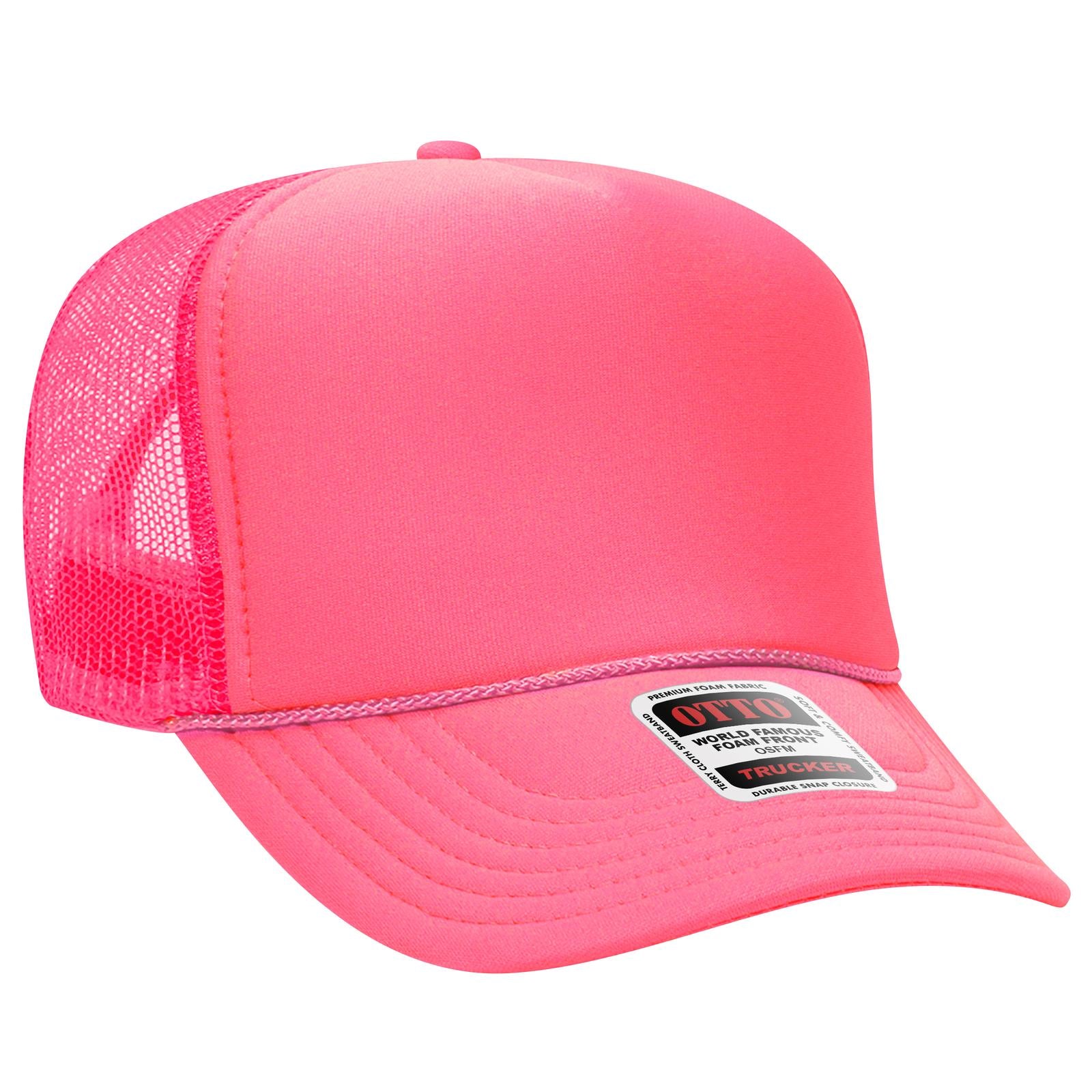 Right View of 089 - N. Pink OTTO CAP 5 Panel High Crown Mesh Back Trucker Hat