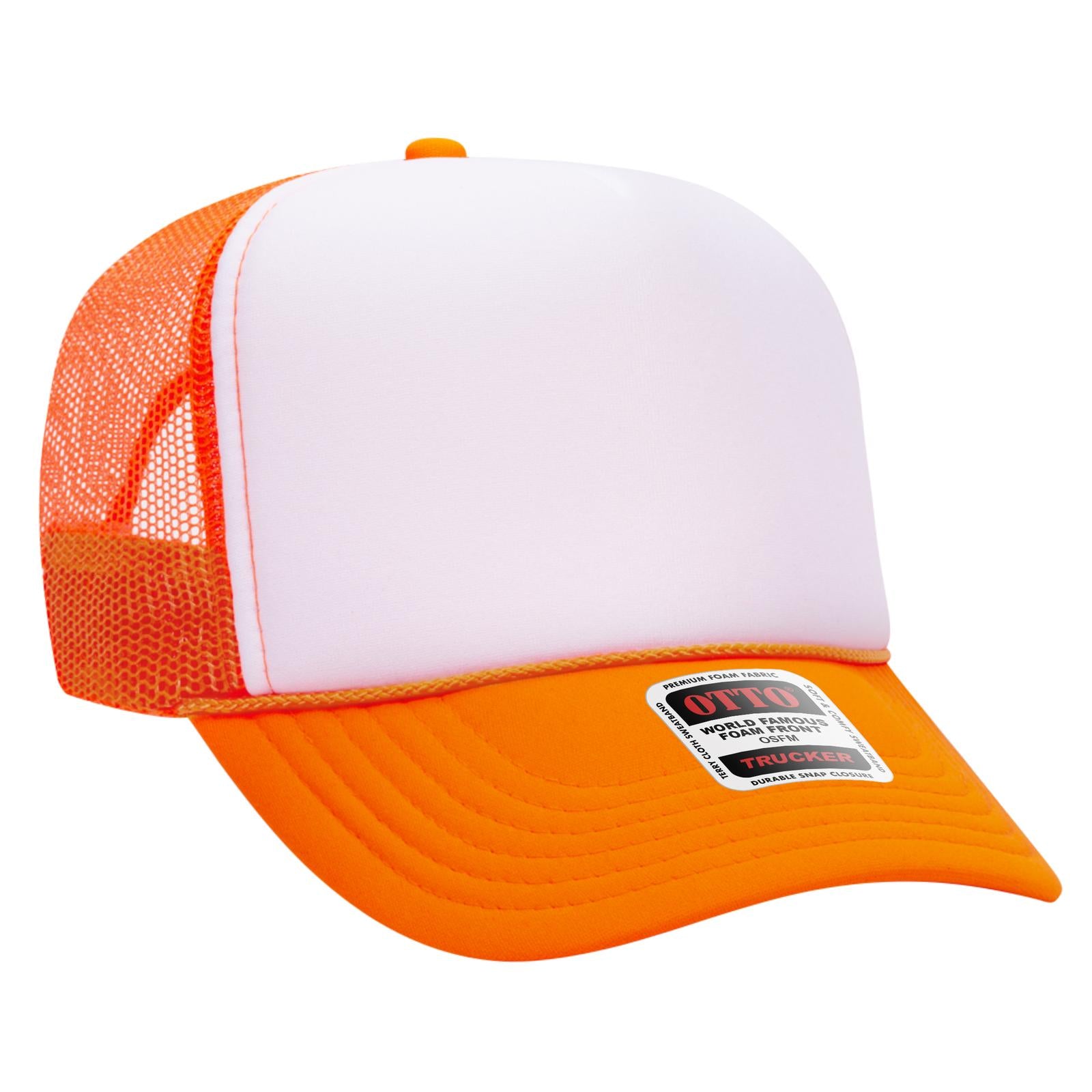 Right View of 091609 - N.Org/Wht/N.Org OTTO CAP 5 Panel High Crown Mesh Back Trucker Hat