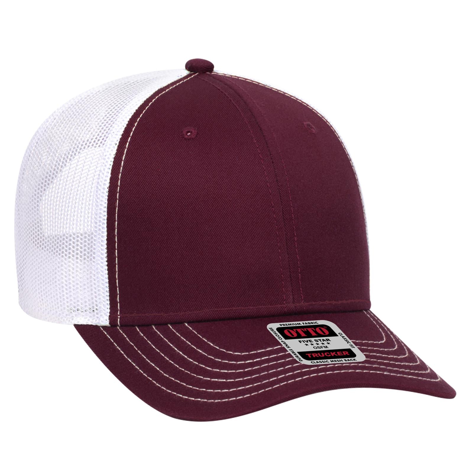 Front View of 101016 - Mrn/Mrn/Wht OTTO CAP 6 Panel Low Profile Mesh Back Trucker Hat