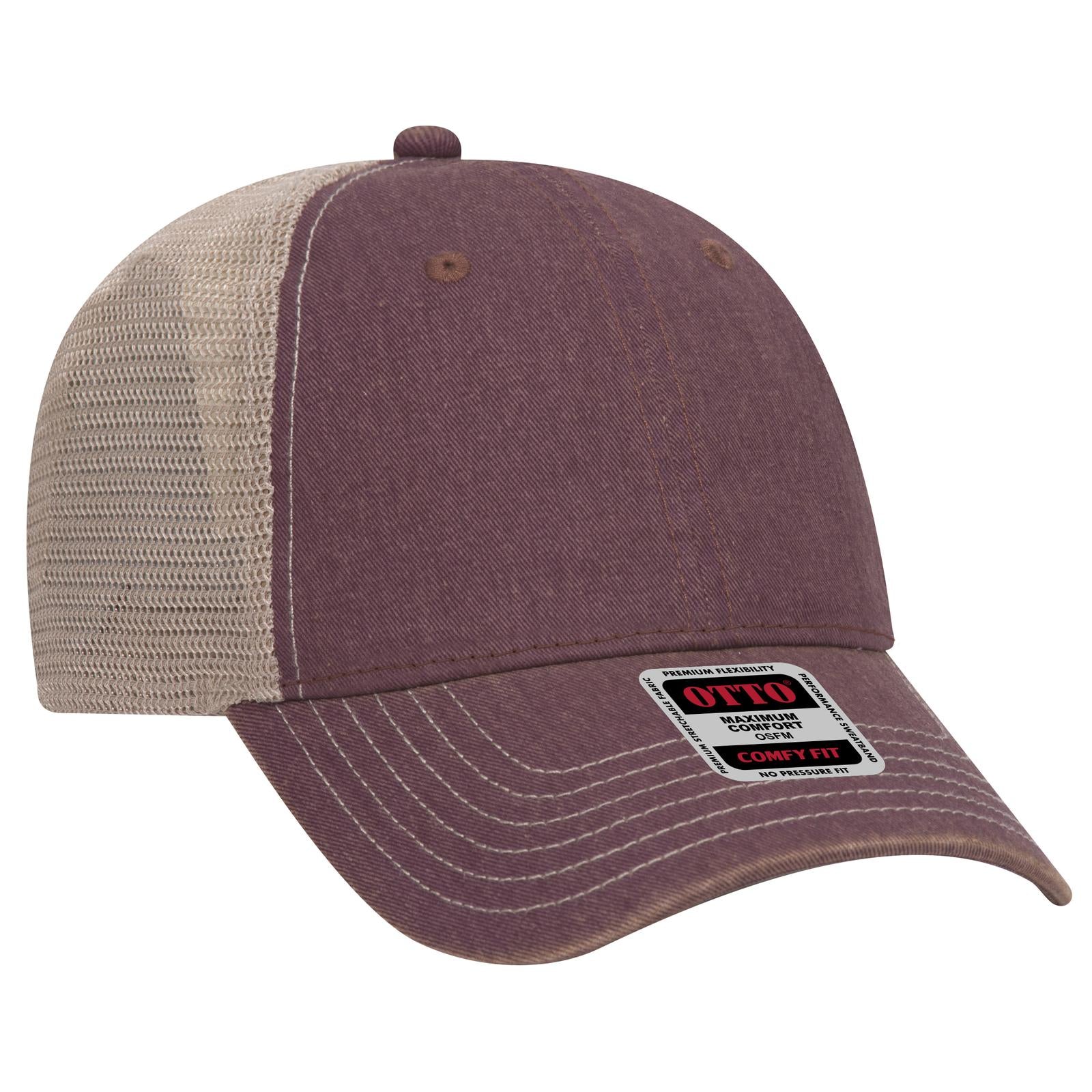 Front View of 101032 - Marn/Marn/Kha OTTO CAP 6 Panel Low Profile Mesh Back Trucker Dad Hat