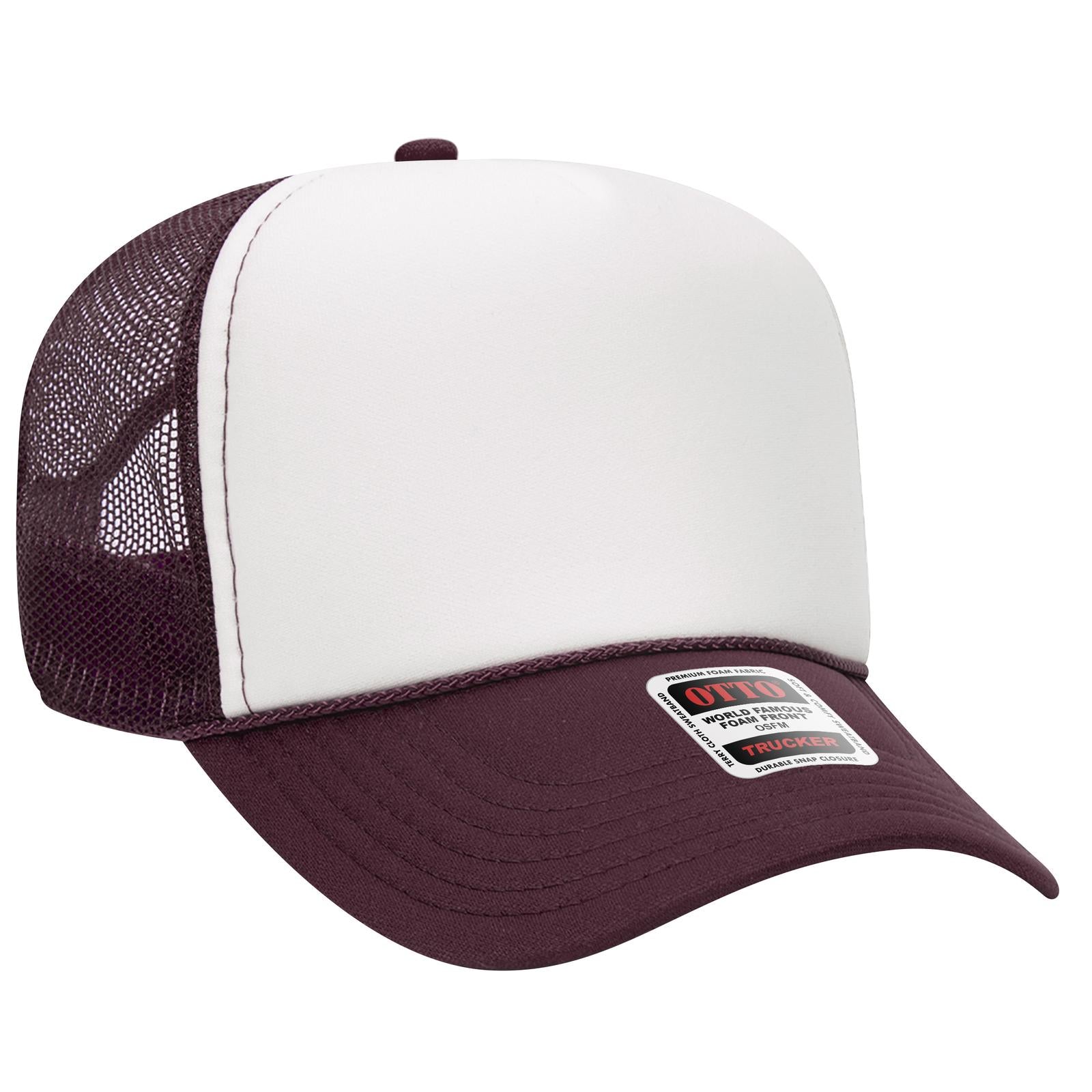 Front View of 101610 - Mrn/Wht/Mrn OTTO CAP 5 Panel Mid Profile Mesh Back Trucker Hat