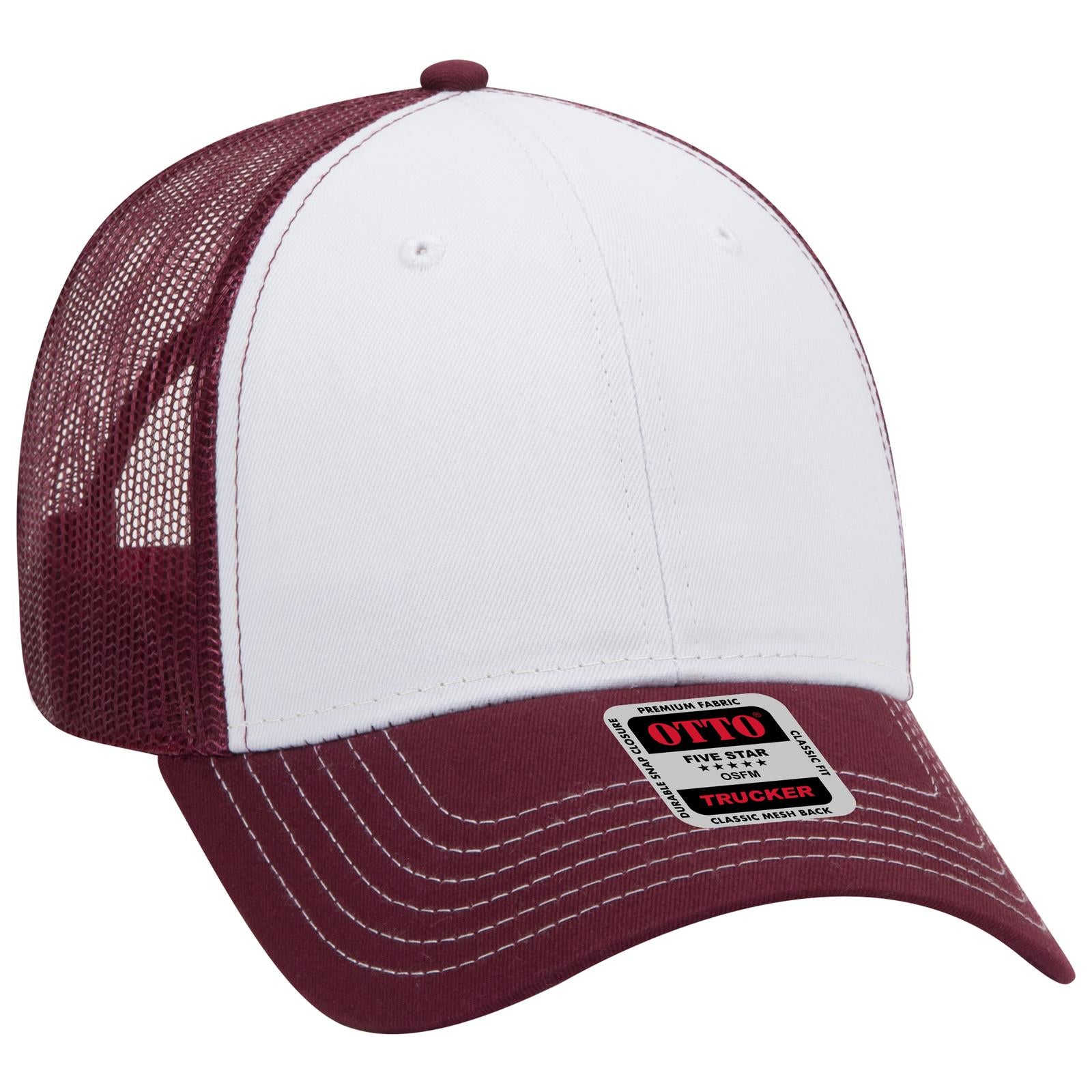 Front View of 101610 - Mrn/Wht/Mrn OTTO CAP 6 Panel Low Profile Mesh Back Trucker Hat