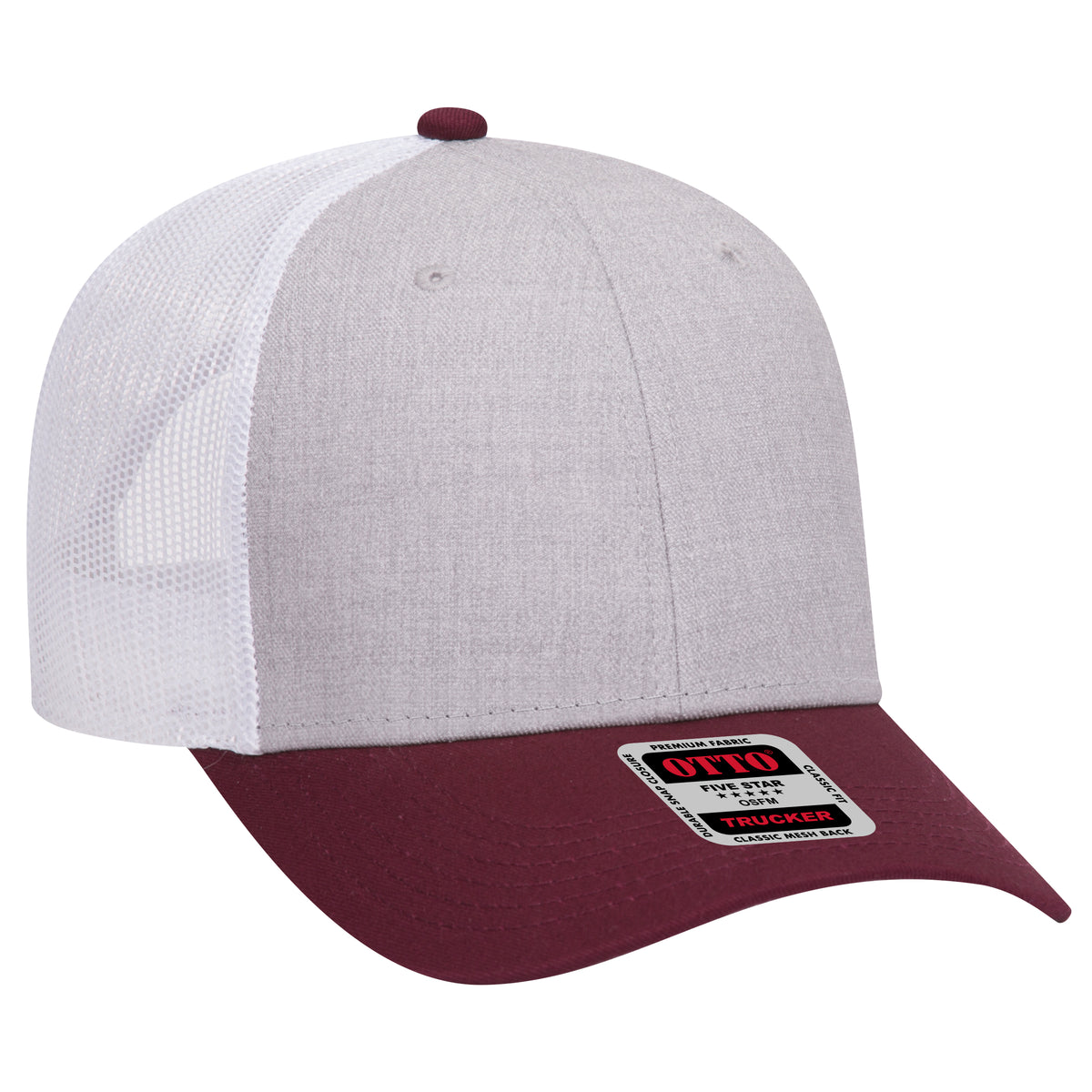 Right View of 107416 - Maroon/HeatherGray/White OTTO CAP 6 Panel Low Profile Mesh Back Trucker Hat