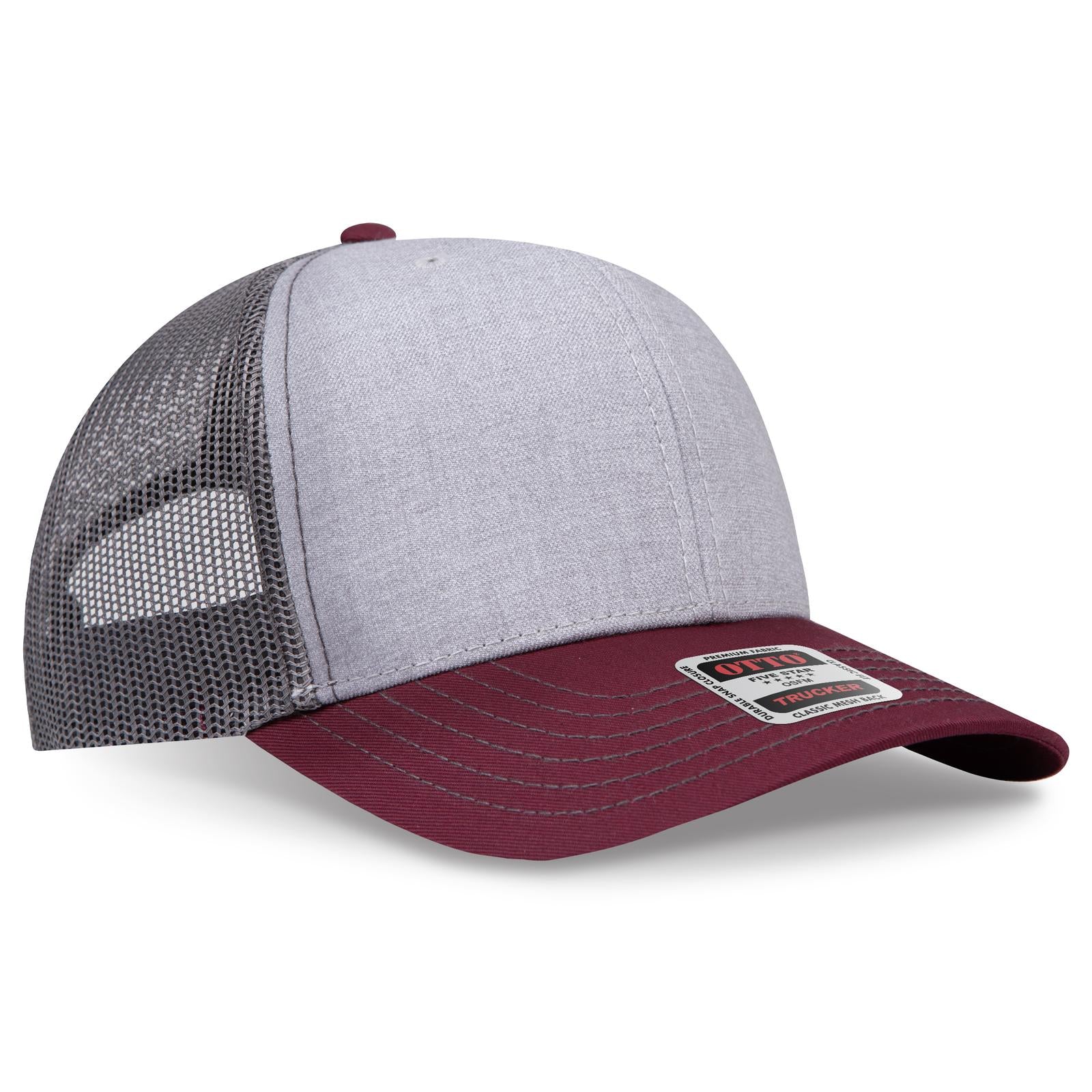 Right View of 107425 - Mrn/H.Gry/Ch.Gry OTTO CAP 6 Panel Mid Profile Mesh Back Trucker Hat
