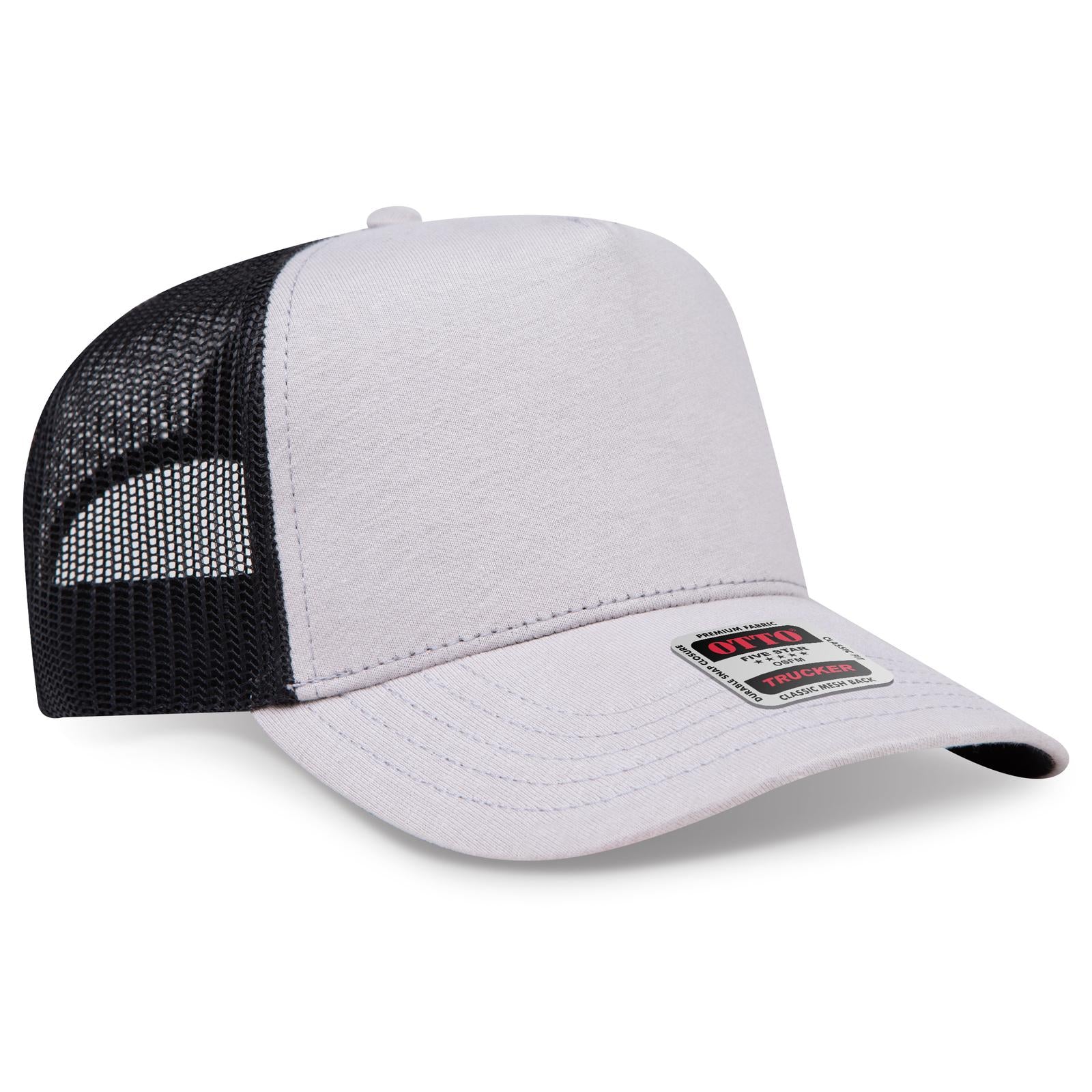 Front View of 141403 - Gry/Gry/Blk OTTO CAP 5 Panel Mid Profile Mesh Back Trucker Hat