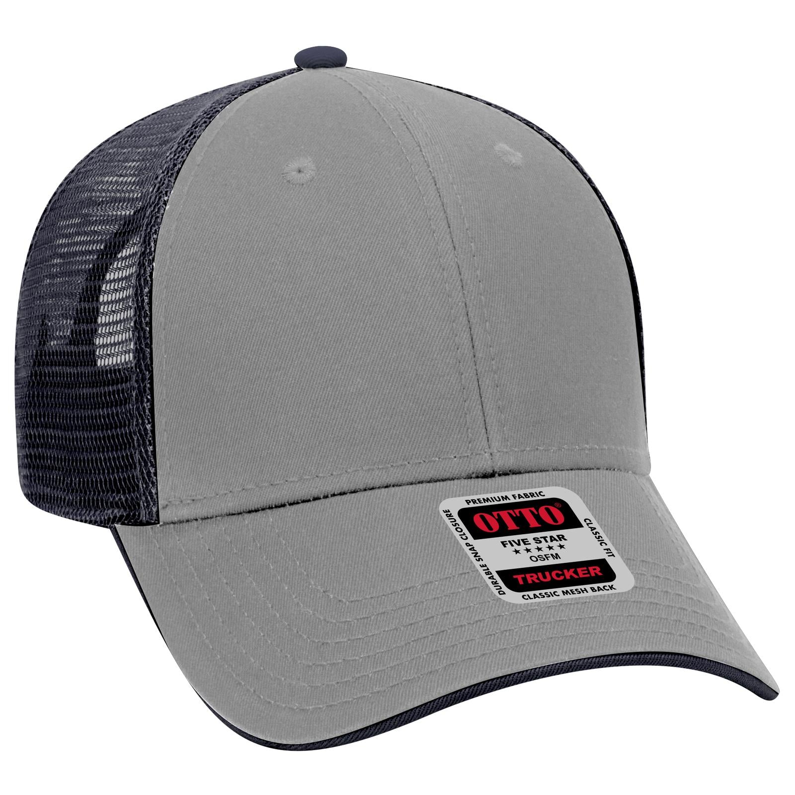 Front View of 141404 - Gry/Gry/Nvy OTTO CAP 6 Panel Low Profile Mesh Back Trucker Hat