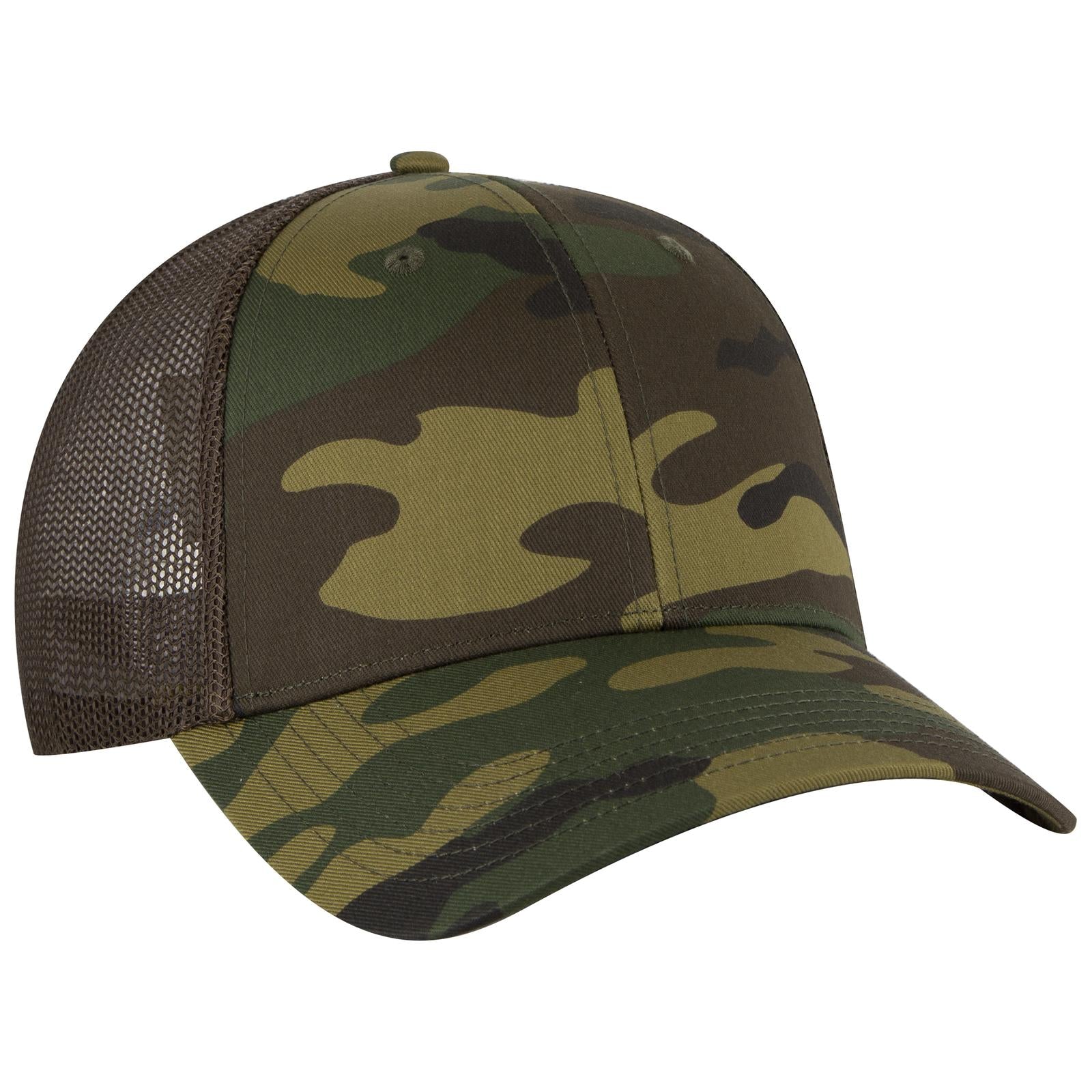 Front View of 170739 - Dk.Grn/Brn/Dk.Brn OTTO CAP Camouflage 6 Panel Low Profile Mesh Back Trucker Hat