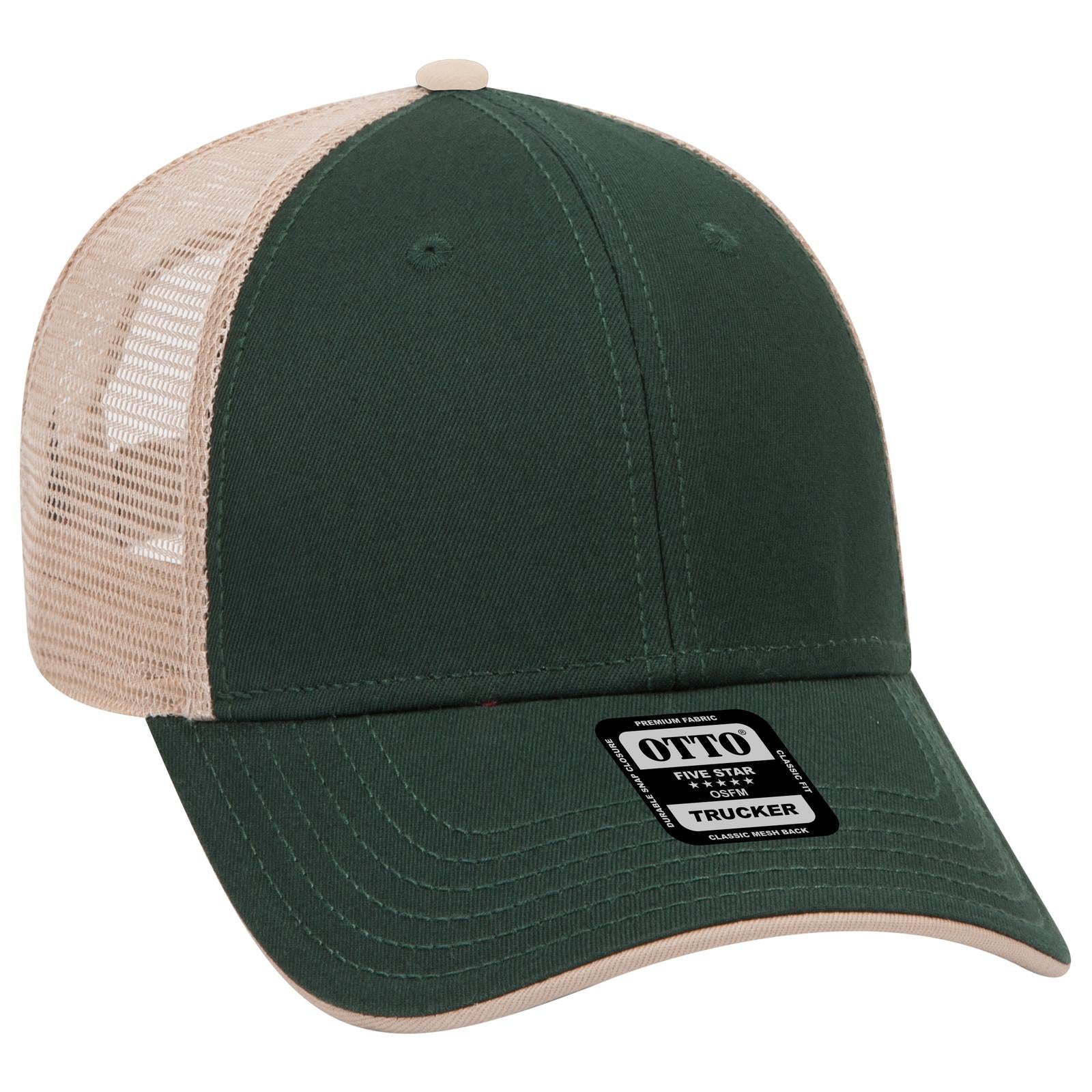 Front View of 171732 - Dk.Grn/Dk.Grn/Kha OTTO CAP 6 Panel Low Profile Mesh Back Trucker Hat