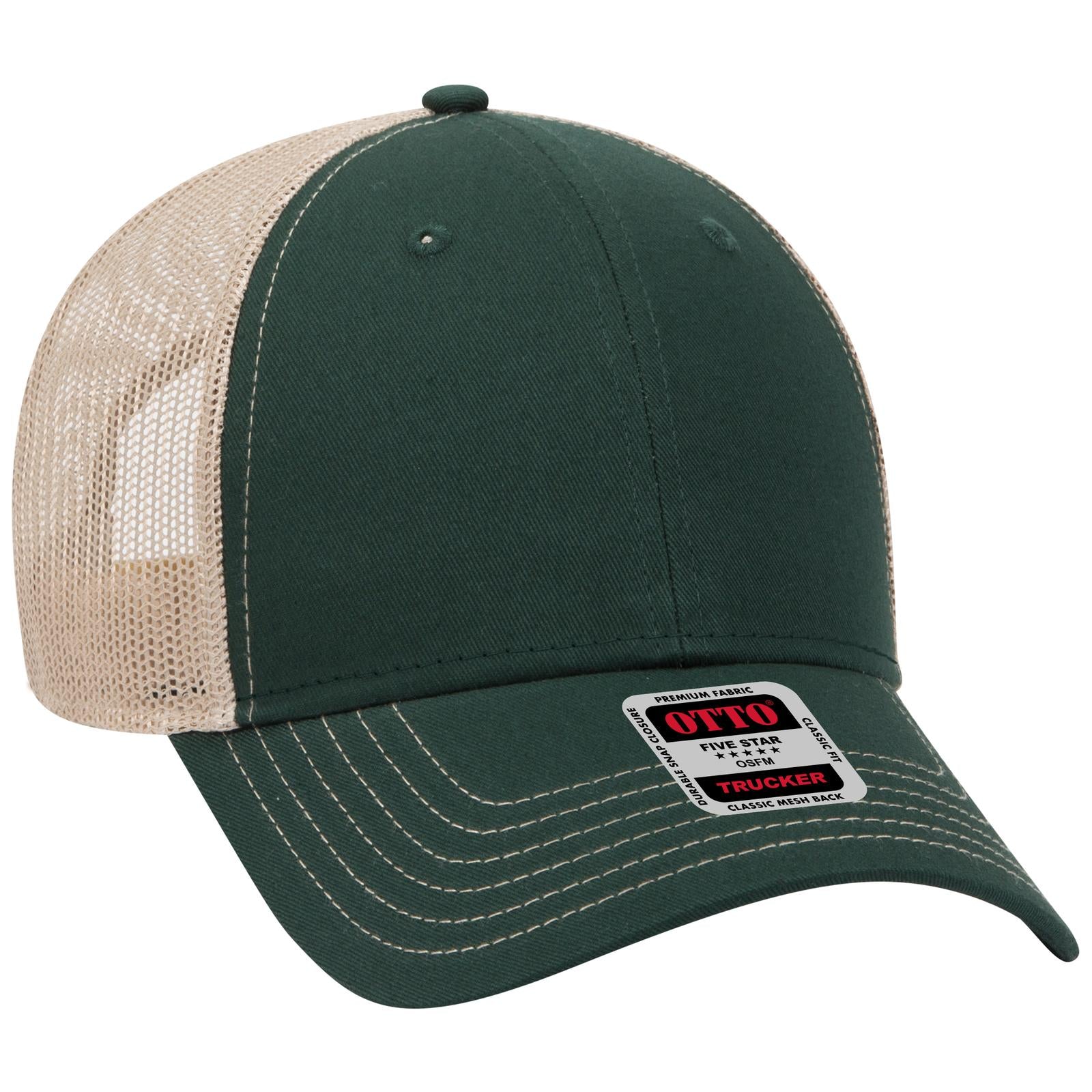 Front View of 171732 - Dk.Grn/Dk.Grn/Kha OTTO CAP 6 Panel Low Profile Mesh Back Trucker Hat