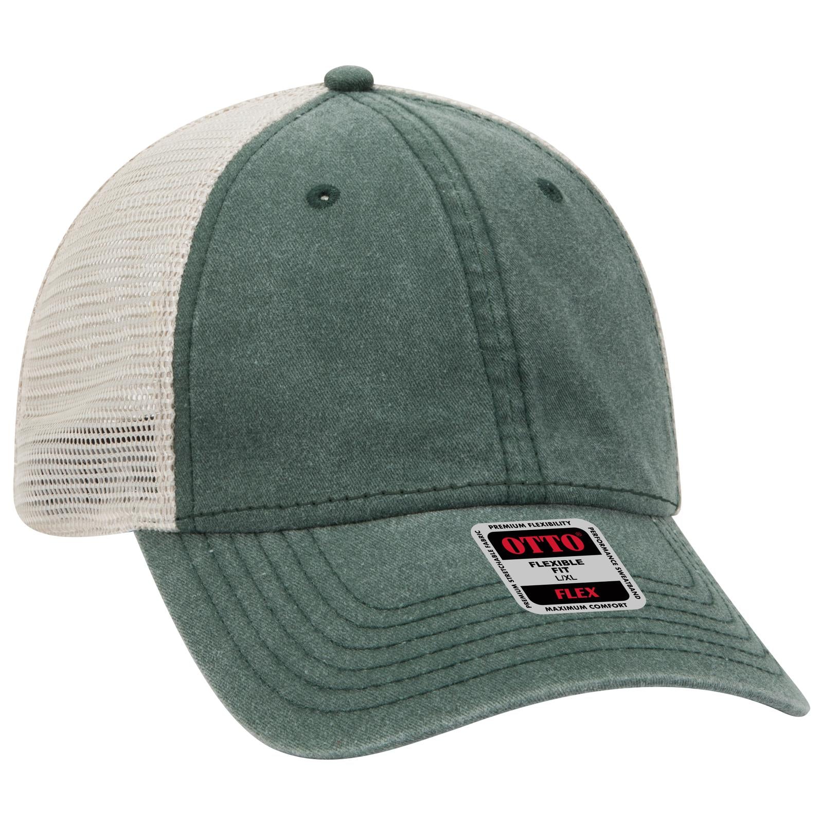 Front View of 171732 - Dk.Grn/Dk.Grn/Kha OTTO CAP "OTTO FLEX" Fitted 6 Panel Low Profile Mesh Back Trucker Hat