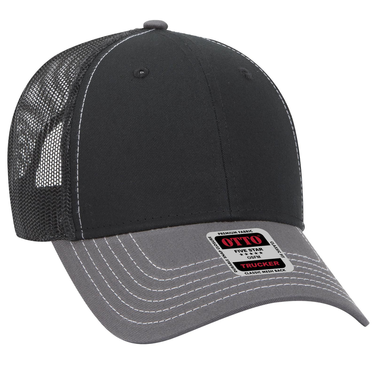 Right View of 250303 - Ch. Gry/Blk/Blk OTTO CAP 6 Panel Low Profile Mesh Back Trucker Hat
