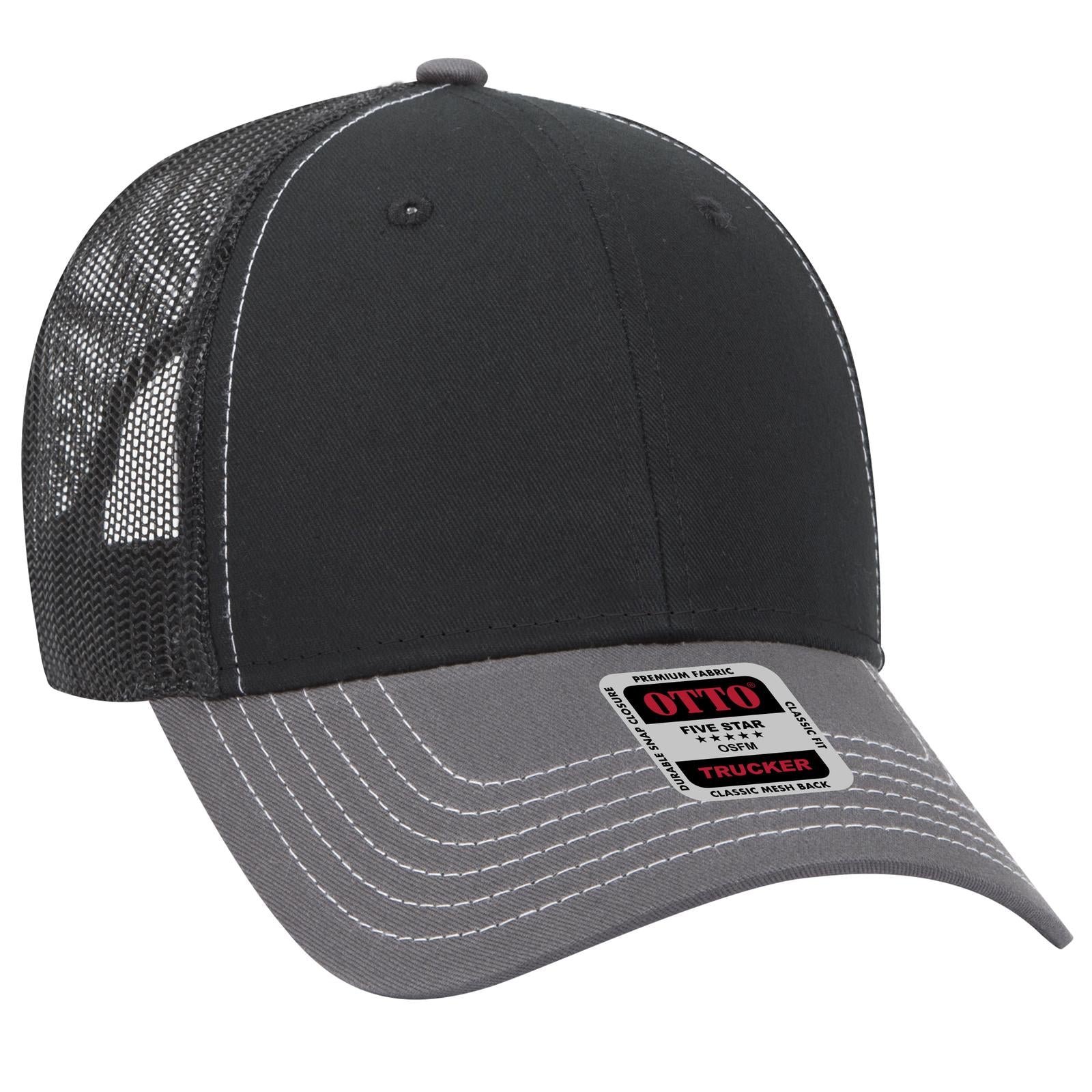 Front View of 250303 - Ch. Gry/Blk/Blk OTTO CAP 6 Panel Low Profile Mesh Back Trucker Hat