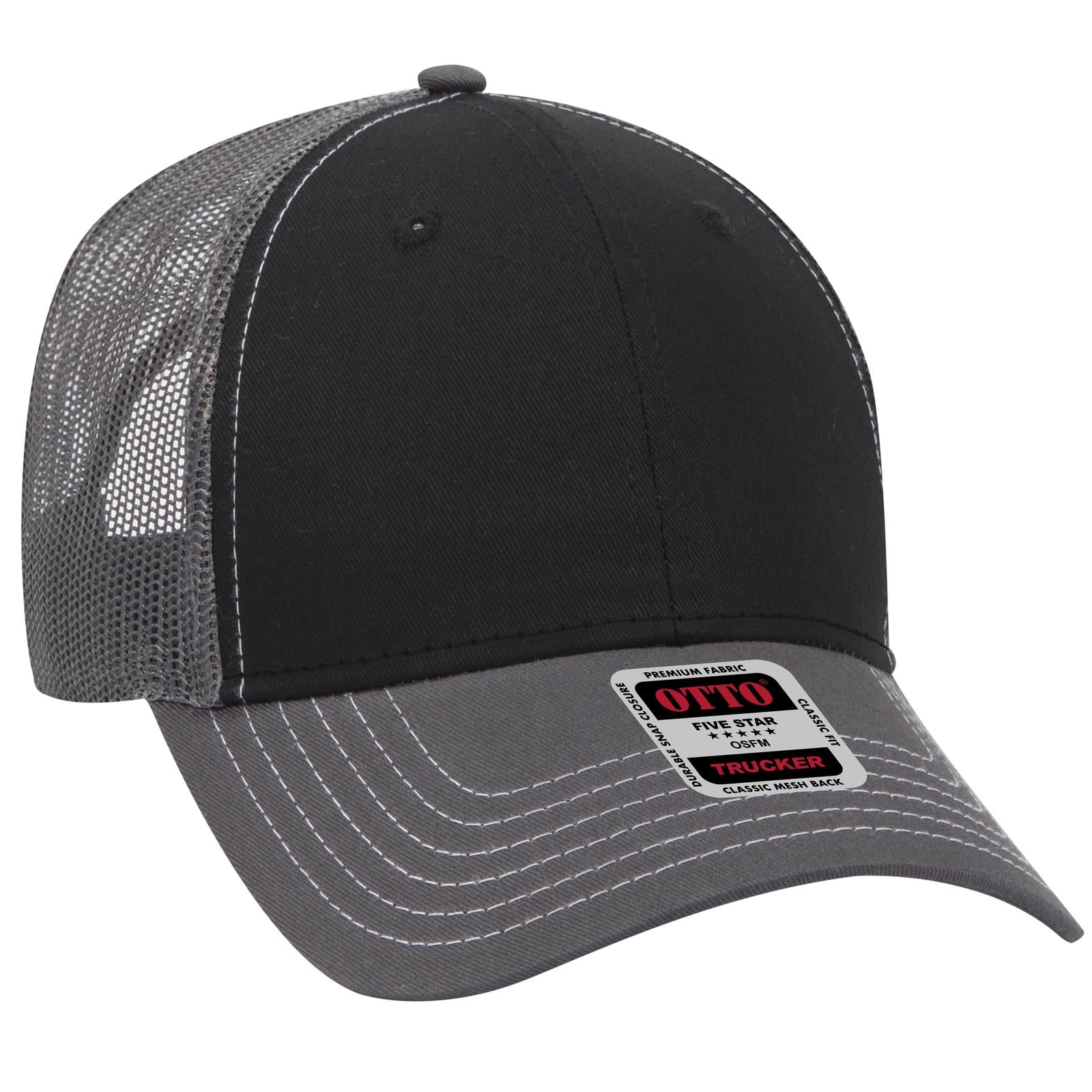 Front View of 250325 - Ch.Gry/Blk/Ch.Gry OTTO CAP 6 Panel Low Profile Mesh Back Trucker Hat