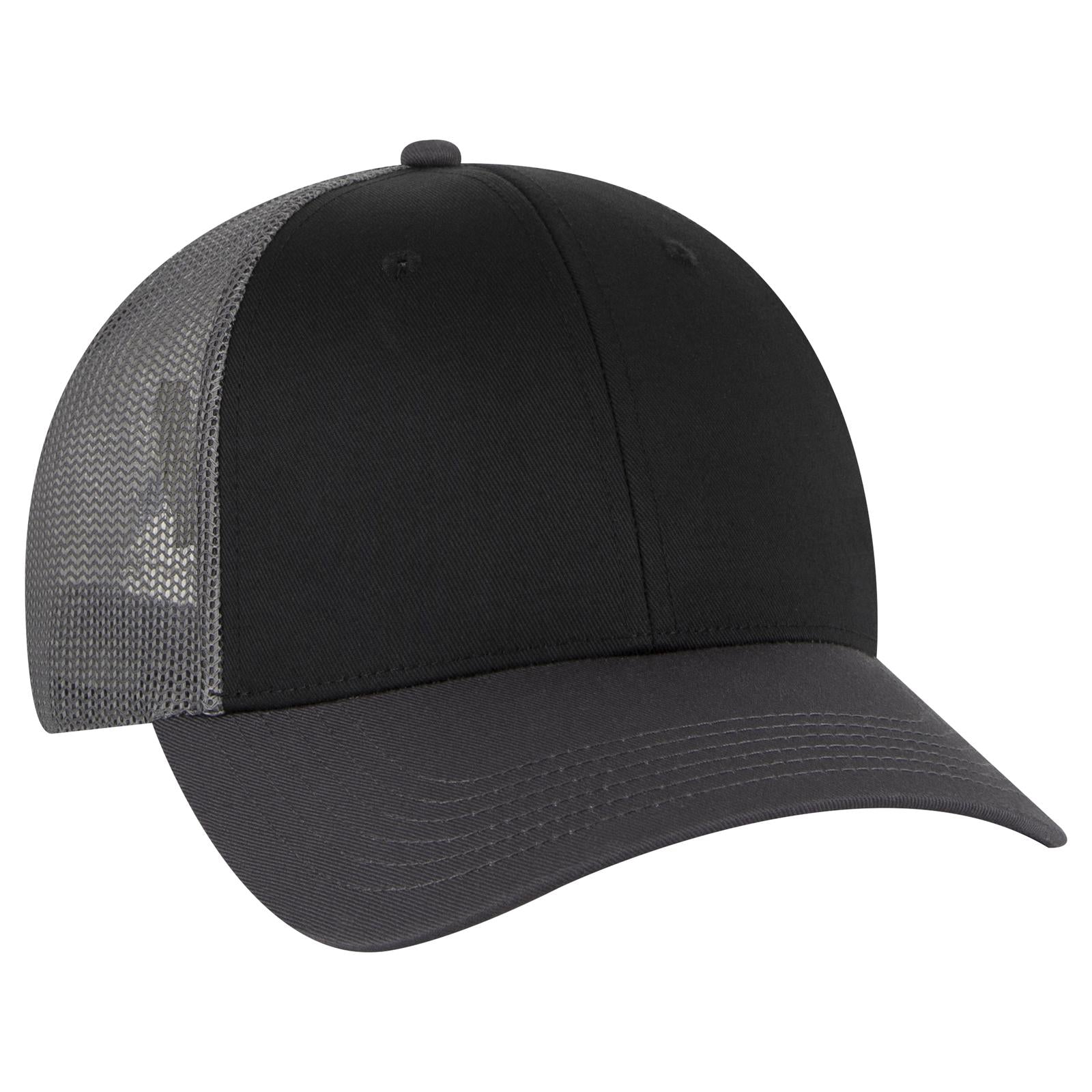 Front View of 250325 - Ch.Gry/Blk/Ch.Gry OTTO CAP 6 Panel Low Profile Mesh Back Trucker Hat