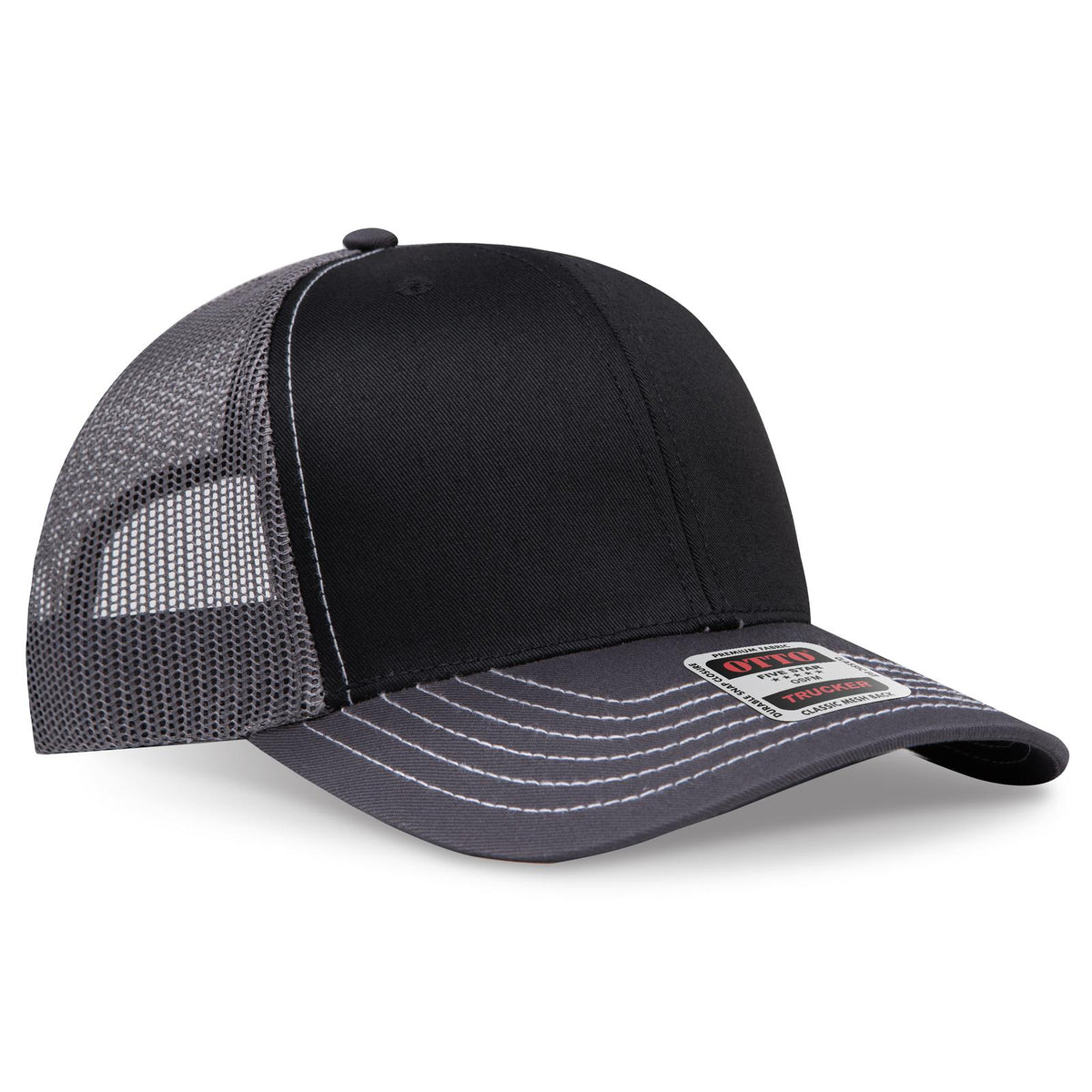 Right View of 250325 - Ch.Gry/Blk/Ch.Gry OTTO CAP 6 Panel Mid Profile Mesh Back Trucker Hat
