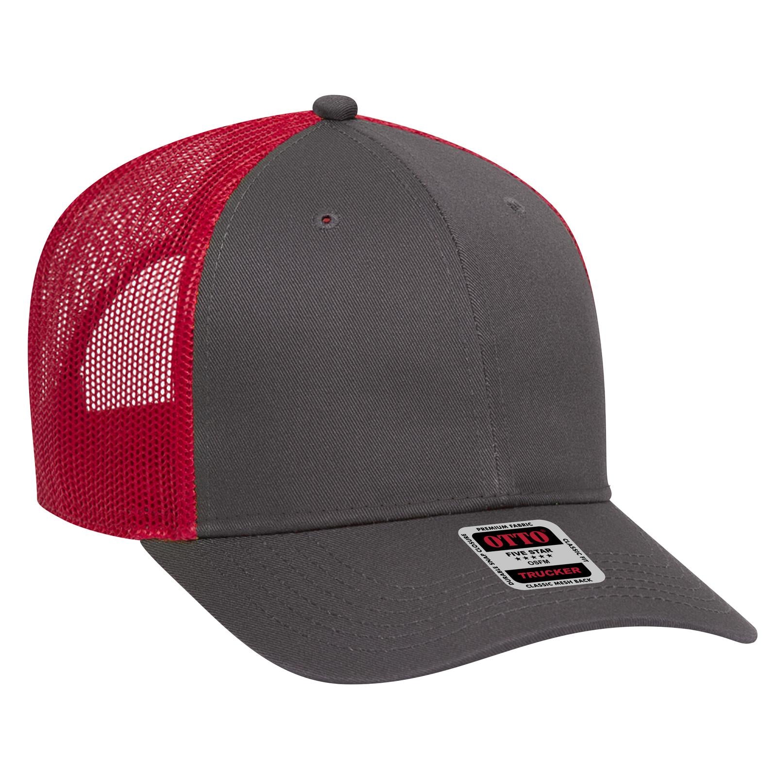 Front View of 252502 - Ch.Gry/Ch.Gry/Red OTTO CAP 6 Panel Low Profile Mesh Back Trucker Hat
