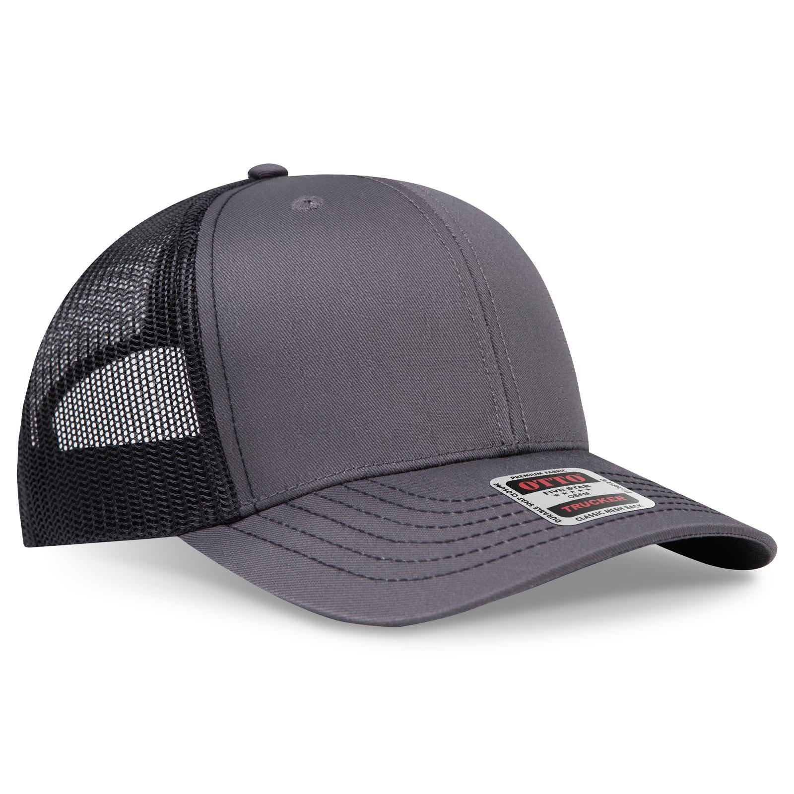 Right View of 252503 - Ch.Gry/Ch.Gry/Blk OTTO CAP 6 Panel Mid Profile Mesh Back Trucker Hat