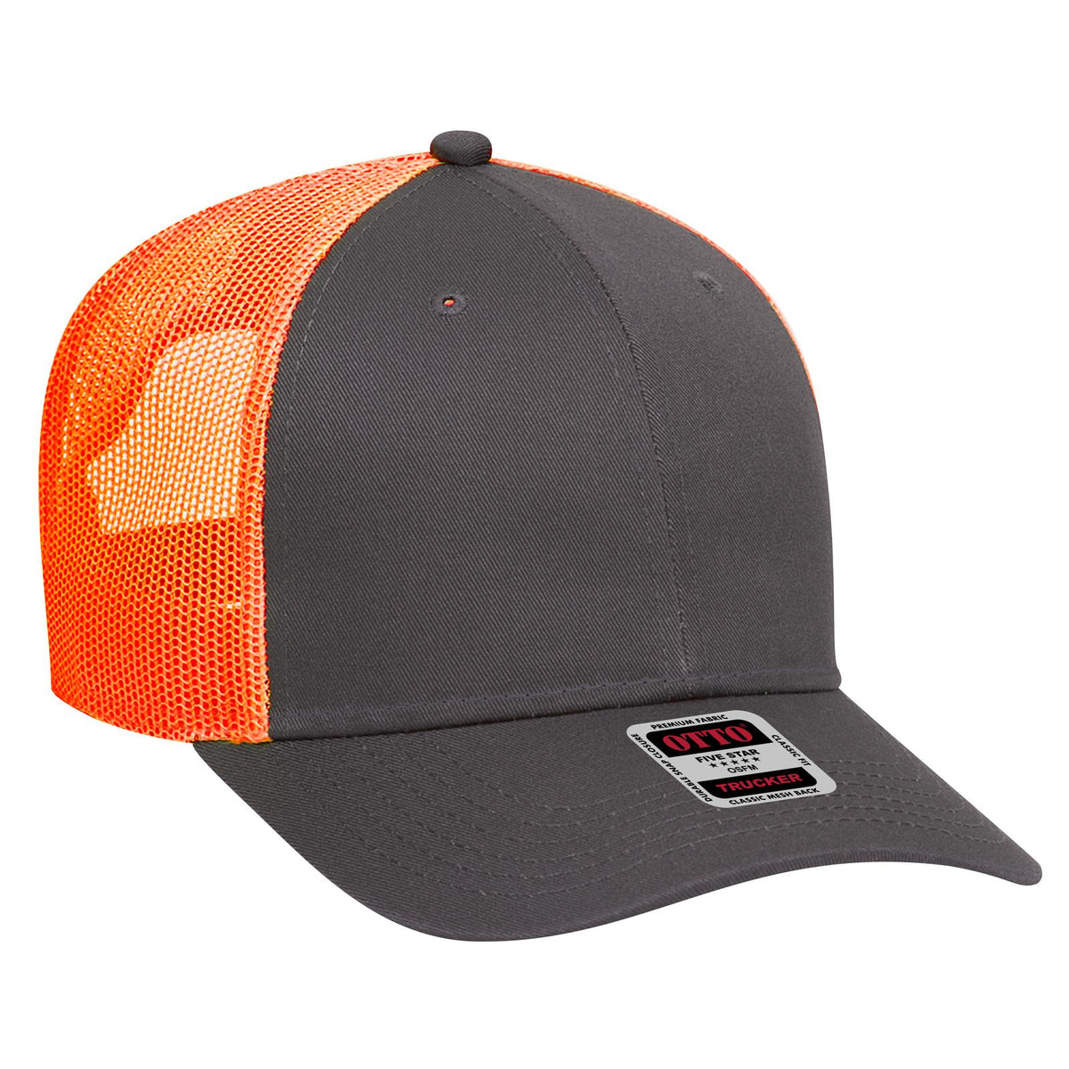 Right View of 252509 - Ch.Gry/Ch.Gry/N.Org OTTO CAP 6 Panel Low Profile Mesh Back Trucker Hat
