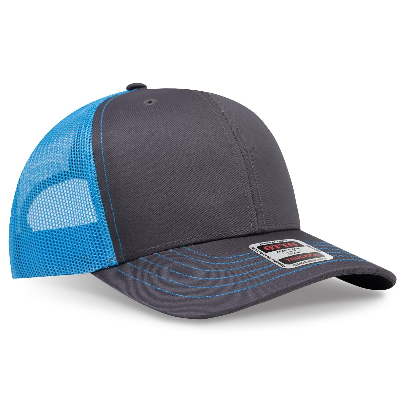 Right View of 2525107 - Ch.Gry/CH.Gry/N.Blu OTTO CAP 6 Panel Mid Profile Mesh Back Trucker Hat