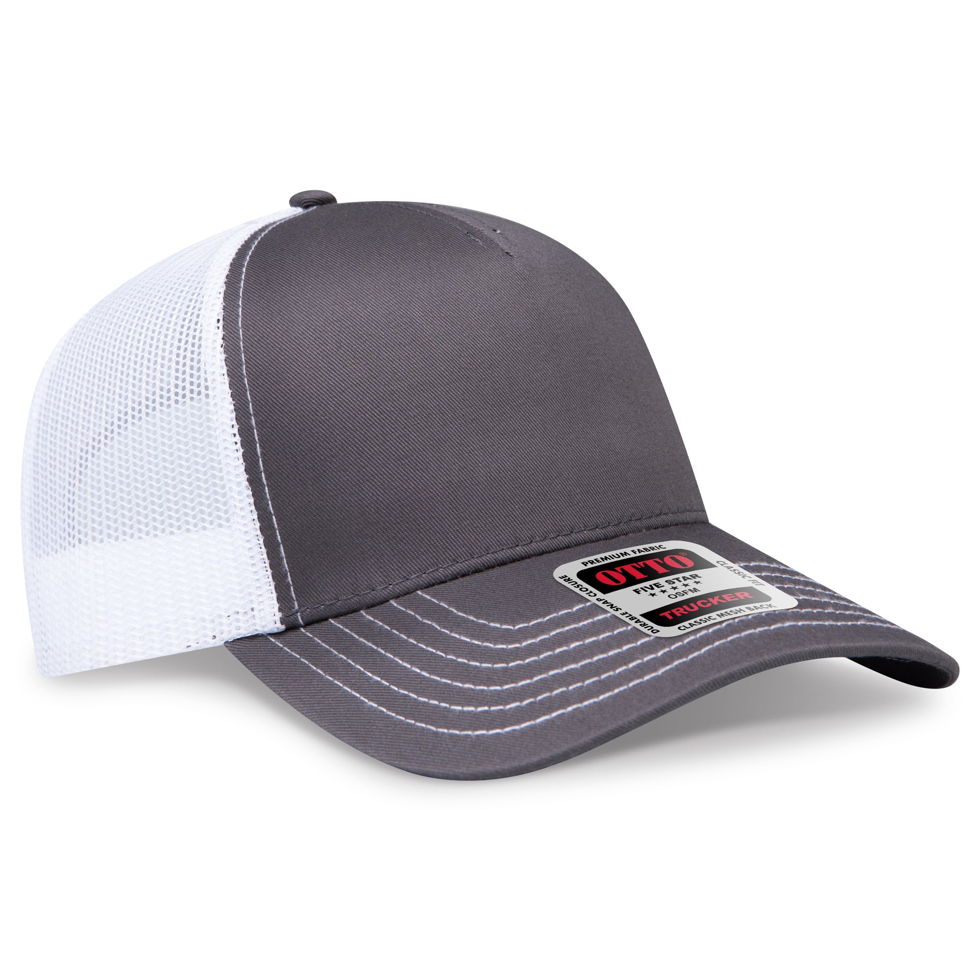 Front View of 252516 - Ch.Gry/Ch.Gry/Wht OTTO CAP 5 Panel Low Profile Mesh Back Trucker Hat