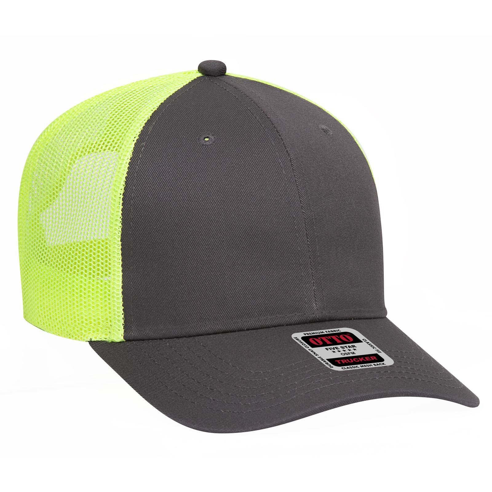 Front View of 252540 - Ch.Gry/Ch.Gry/N.Yel OTTO CAP 6 Panel Low Profile Mesh Back Trucker Hat