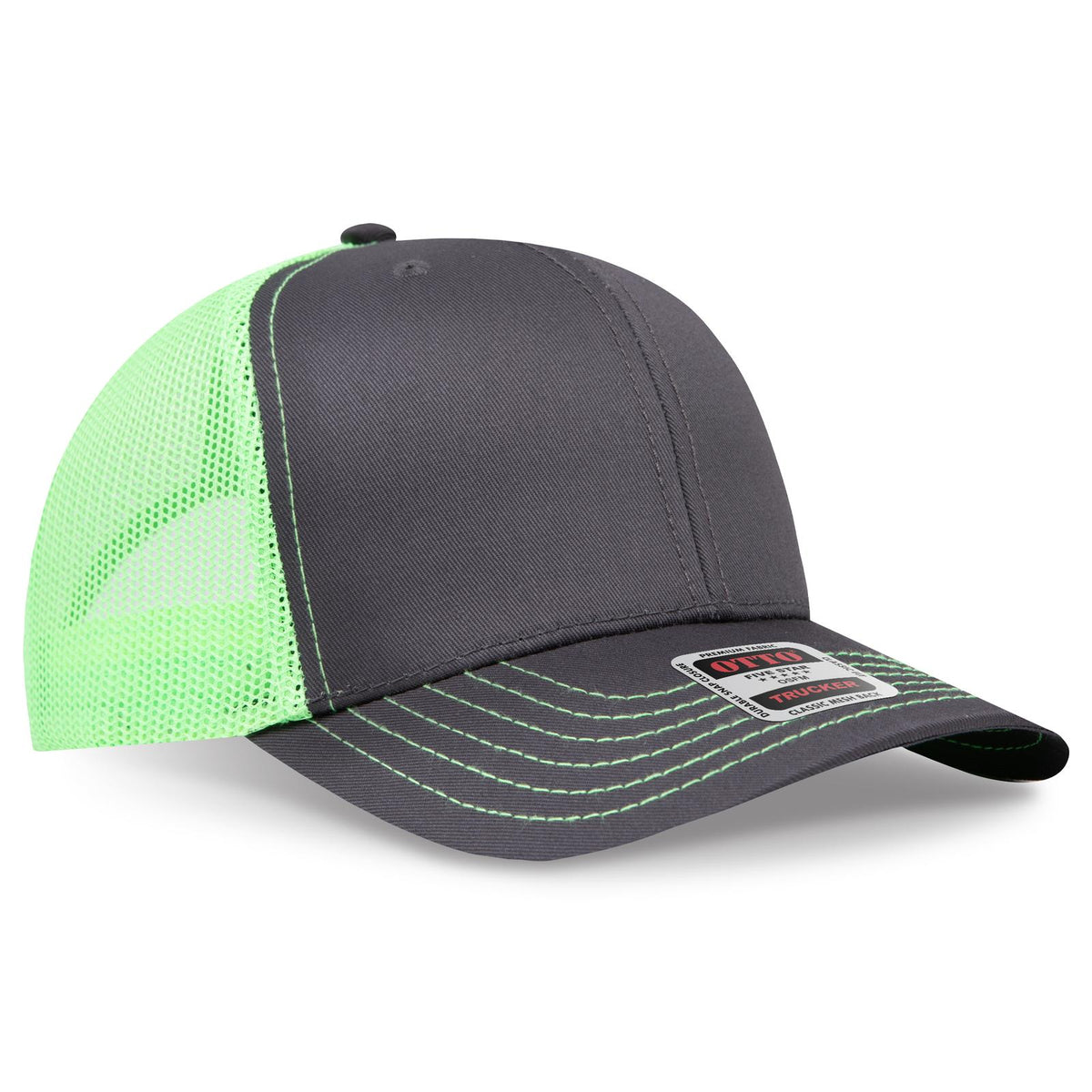 Right View of 252588 - Ch.Gry/Ch.Gry/N.Grn OTTO CAP 6 Panel Mid Profile Mesh Back Trucker Hat