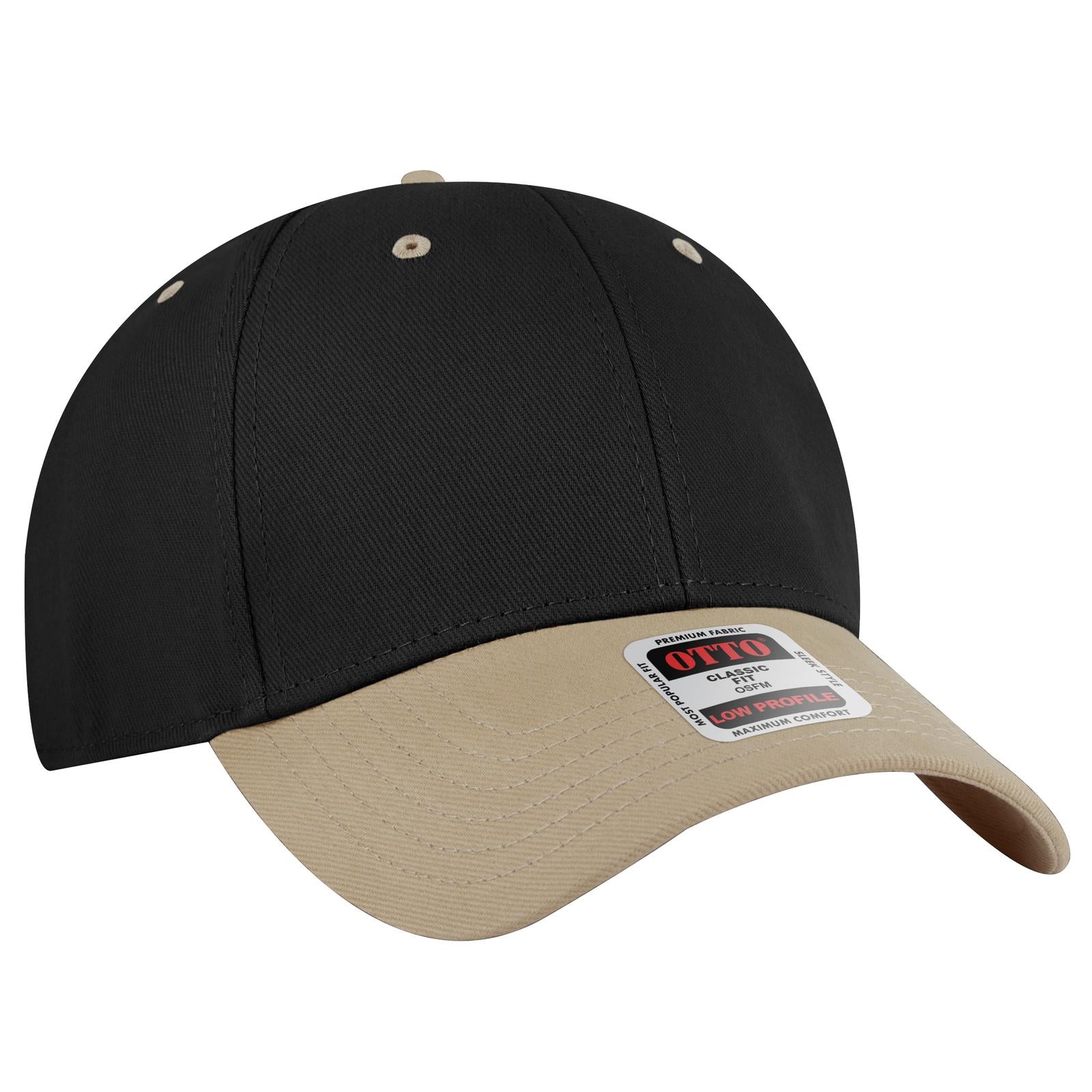 Front View of 3203 - Kha/Blk OTTO CAP 6 Panel Low Profile Baseball Cap