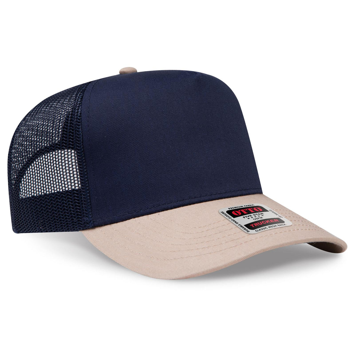 Right View of 3204 - Kha/Nvy OTTO CAP 5 Panel Mid Profile Mesh Back Trucker Hat