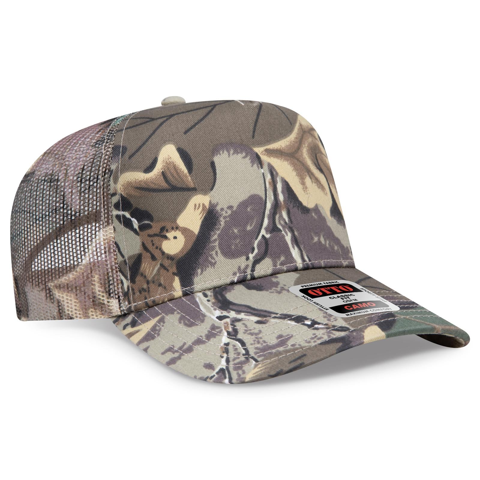 Front View of 320734 - Kha/Brn/Lt.Ol.Grn OTTO CAP Camouflage 5 Panel Mid Profile Mesh Back Trucker Hat