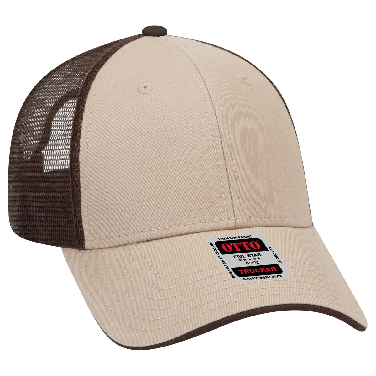 Right View of 323239 - Kha/Kha/Dk.Brn OTTO CAP 6 Panel Low Profile Mesh Back Trucker Hat
