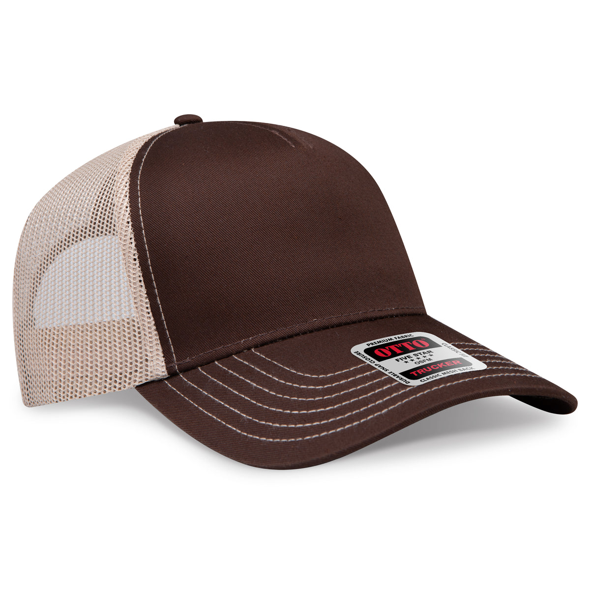 Right View of 393932 - Dk.Brn/Dk.Brn/Kha OTTO CAP 5 Panel Low Profile Mesh Back Trucker Hat
