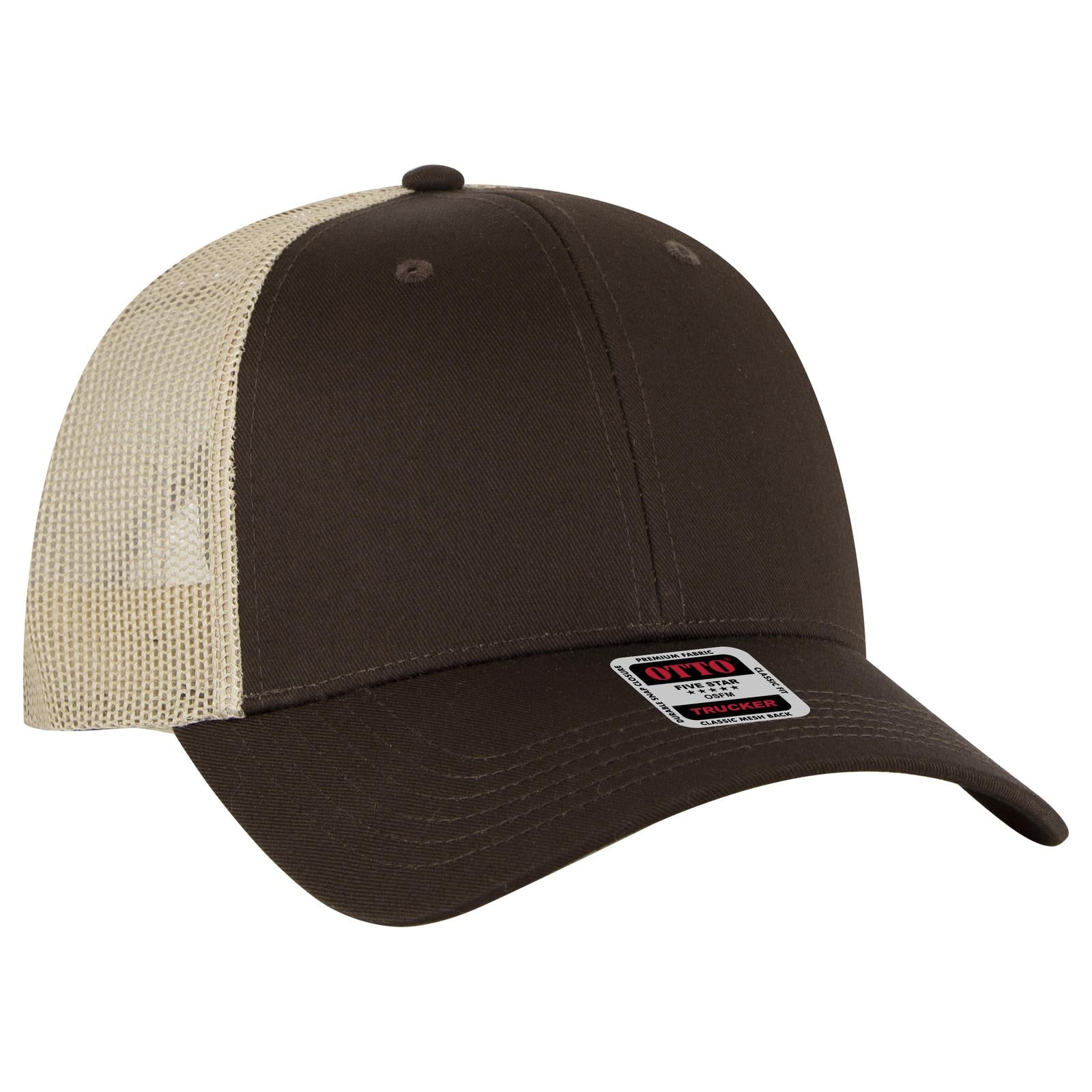Front View of 393932 - Dk.Brn/Dk.Brn/Kha OTTO CAP 6 Panel Low Profile Mesh Back Trucker Hat