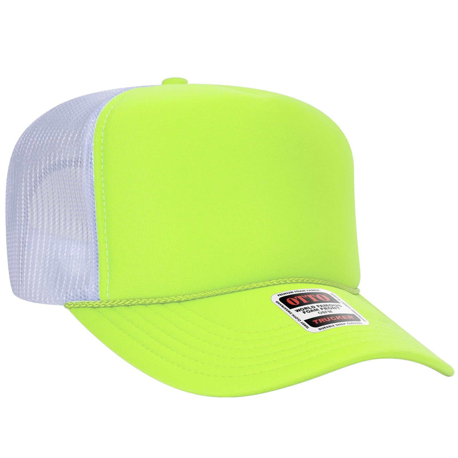 Right View of 404016 - N Ylw/N Ylw/Wht OTTO CAP 5 Panel High Crown Mesh Back Trucker Hat