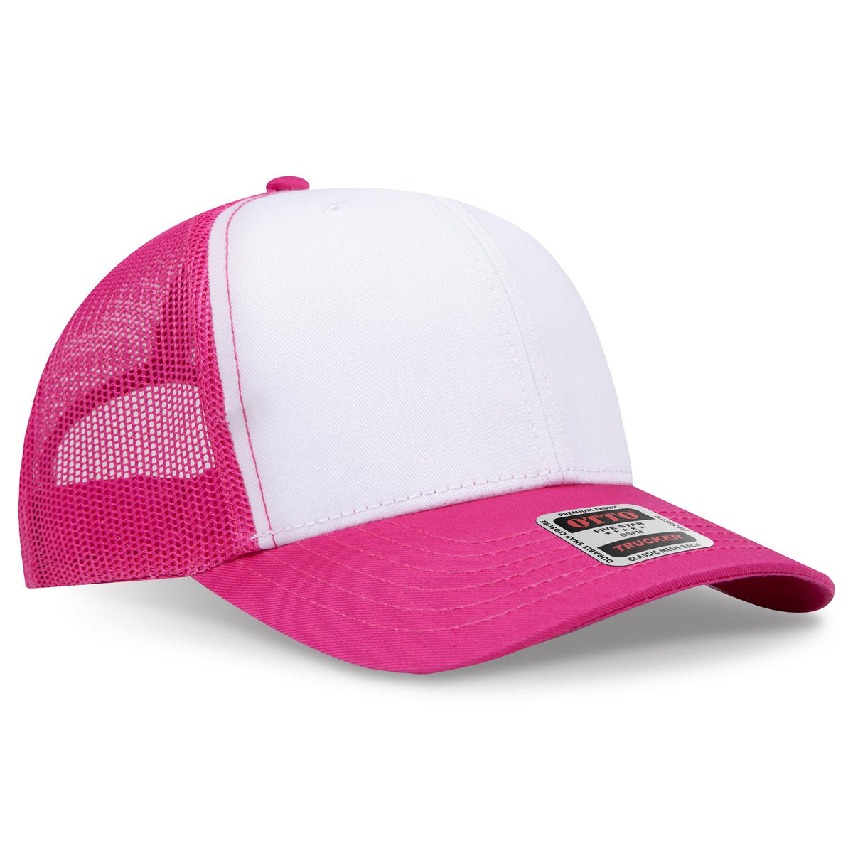 Right View of 421642 - H.Pnk/Wht/H.Pnk OTTO CAP 6 Panel Mid Profile Mesh Back Trucker Hat