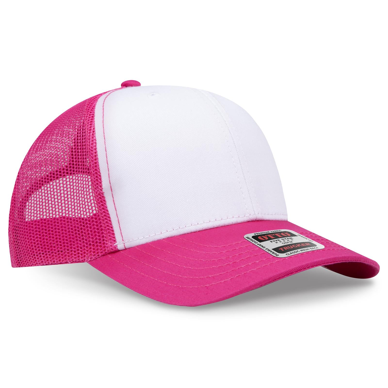 Right View of 421642 - H.Pnk/Wht/H.Pnk OTTO CAP 6 Panel Mid Profile Mesh Back Trucker Hat