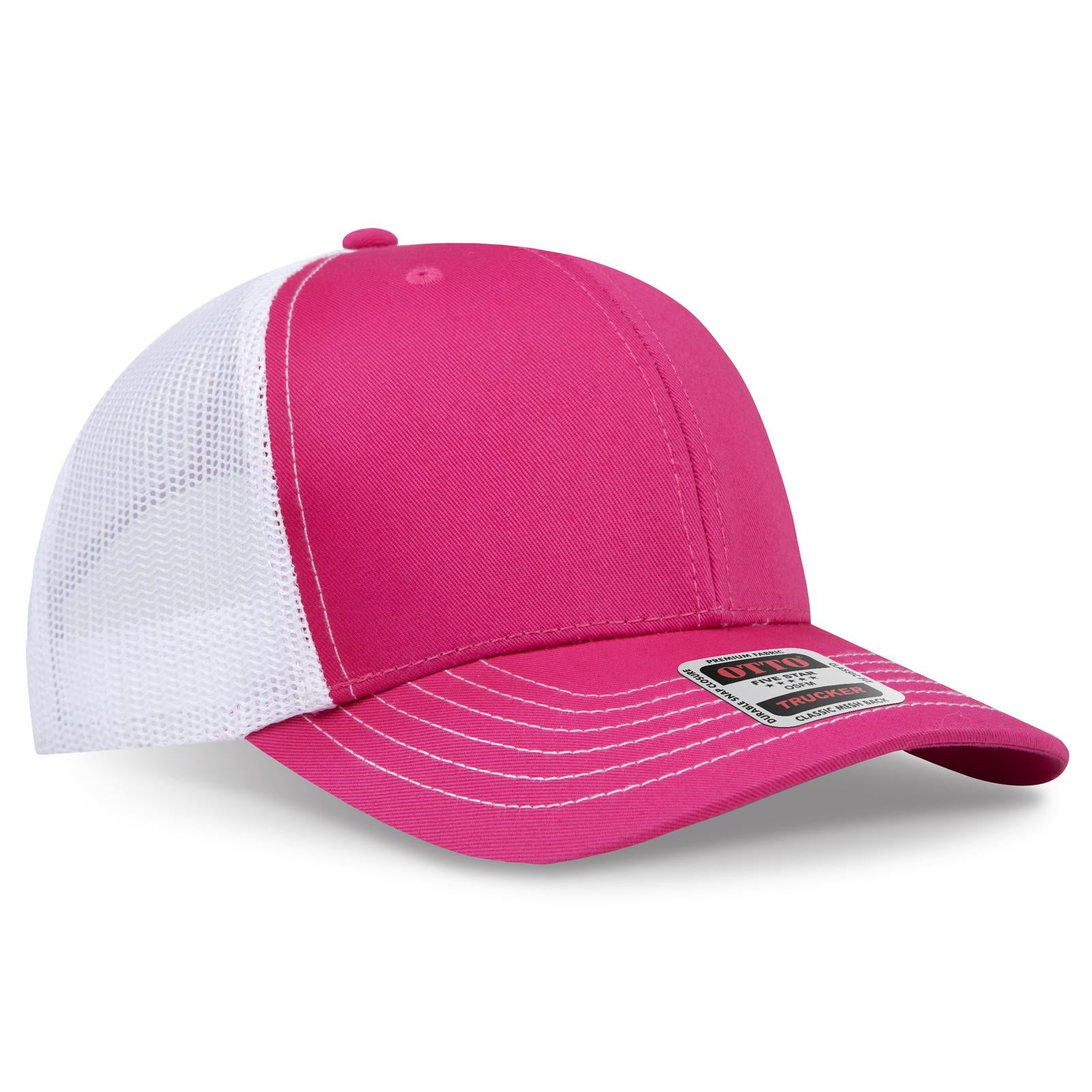 Right View of 424216 - H.Pnk/H.Pnk/Wht OTTO CAP 6 Panel Mid Profile Mesh Back Trucker Hat