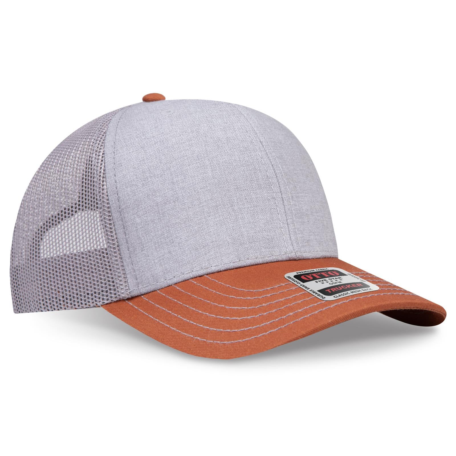 Right View of 447414 - Tx.Org/H.Gry/Gry OTTO CAP 6 Panel Mid Profile Mesh Back Trucker Hat